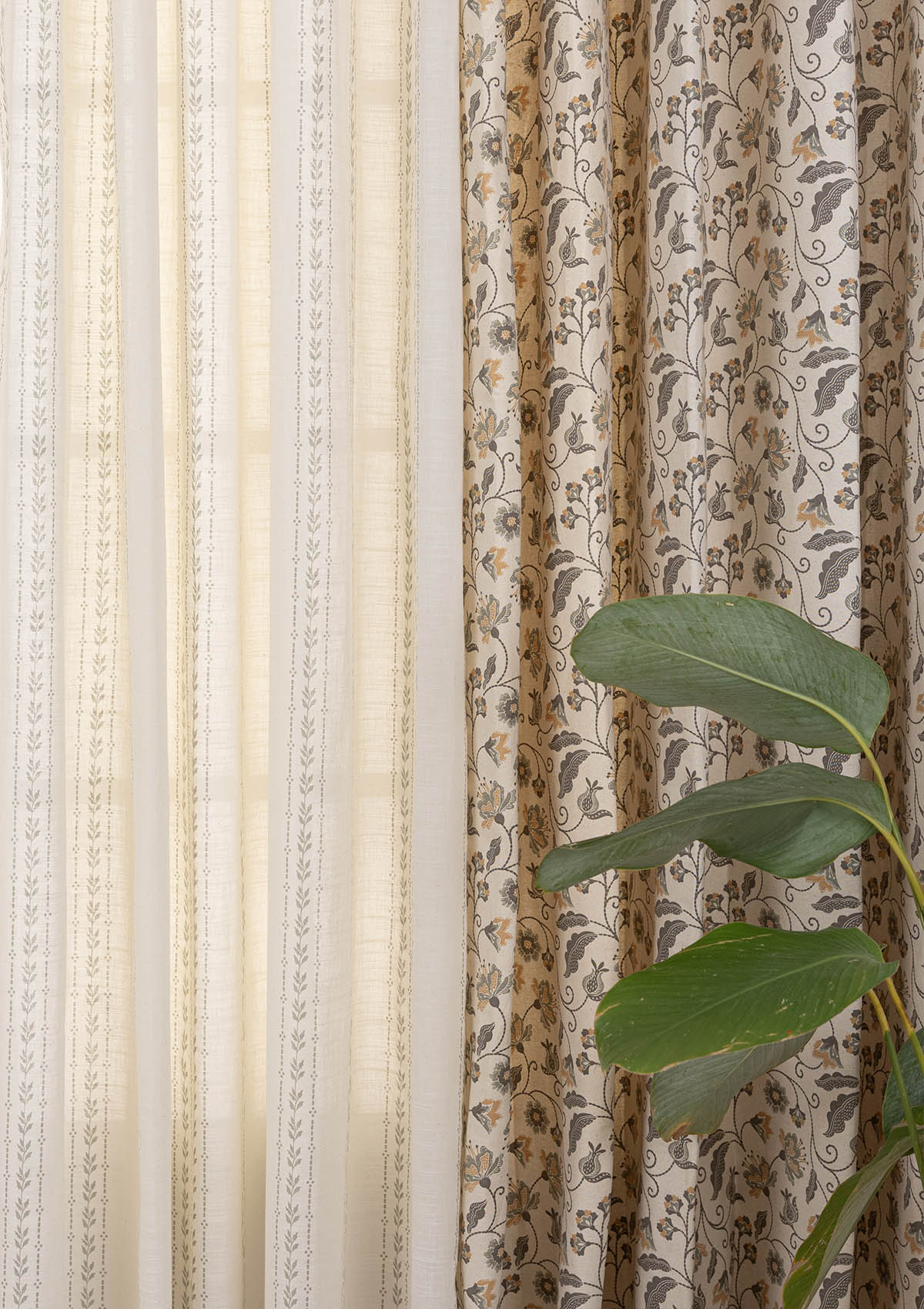 Pomera Printed Light Reduction & Juniper Printed Sheer Light Reduction | 100% Cotton for Living Room & Bedroom | Floral | Grey & Green | Pack of 4