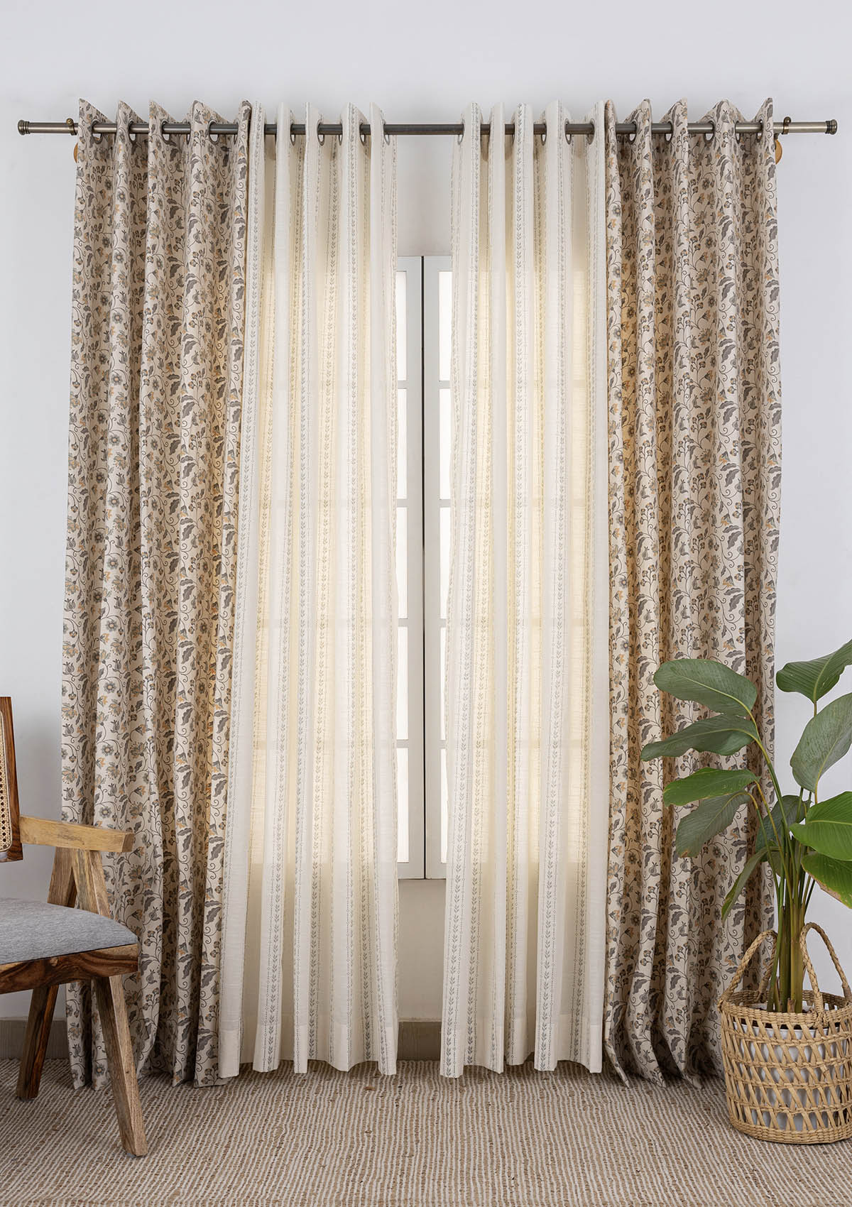 Pomera Printed Light Reduction & Juniper Printed Sheer Light Reduction | 100% Cotton for Living Room & Bedroom | Floral | Grey & Green | Pack of 4