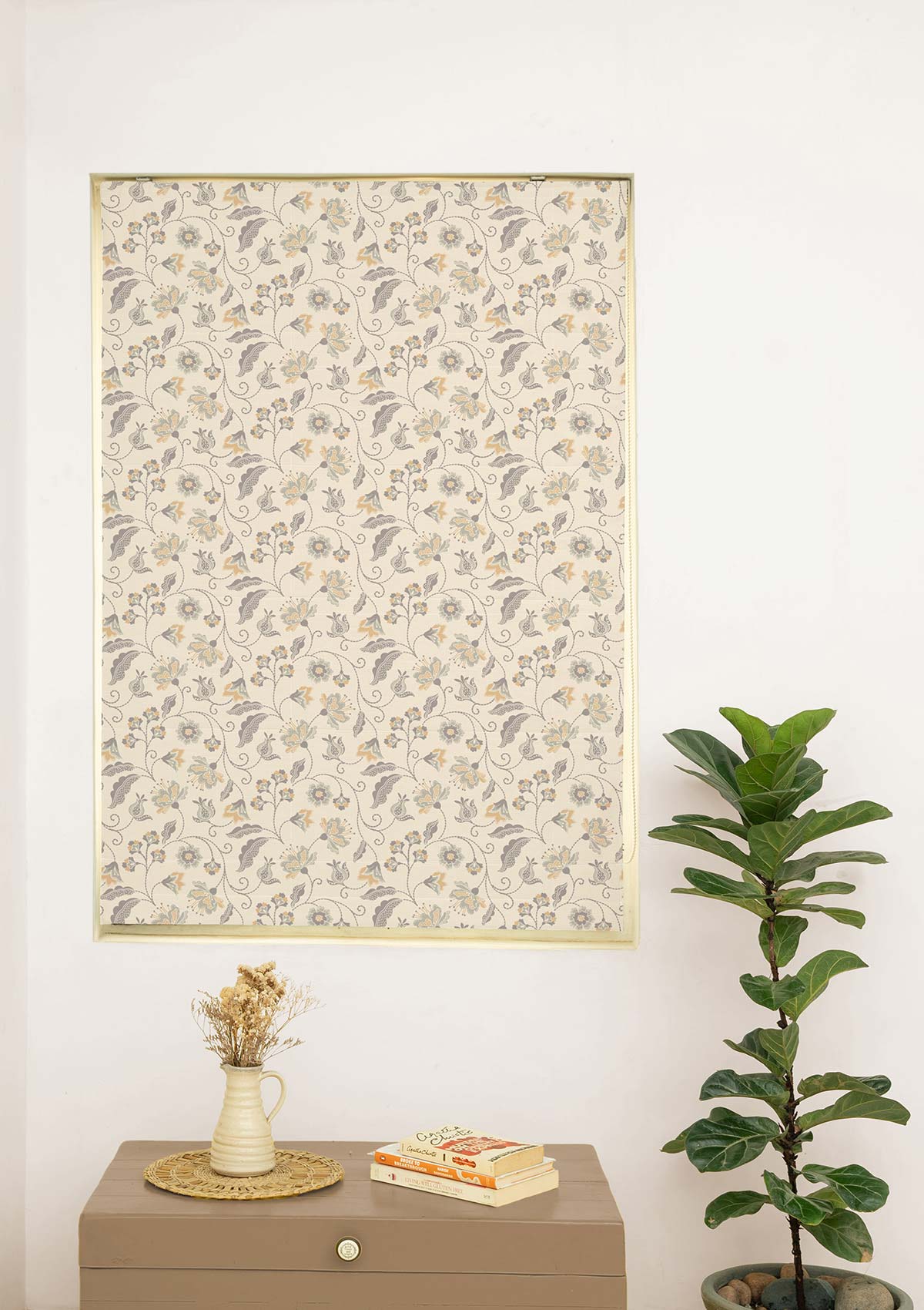 Pomera Grey Floral Printed 100% Cotton Blind For Living Room | Light Reduction