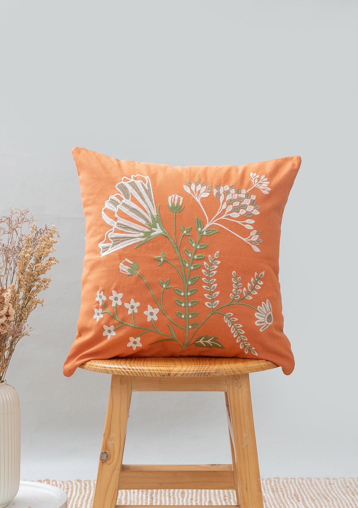 Poppy 100% cotton embroidered floral cushion cover for sofa - Orange