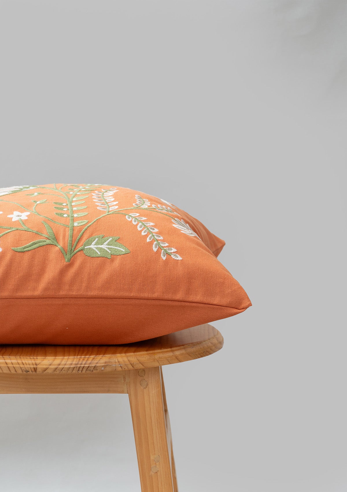 Poppy 100% cotton embroidered floral cushion cover for sofa - Orange