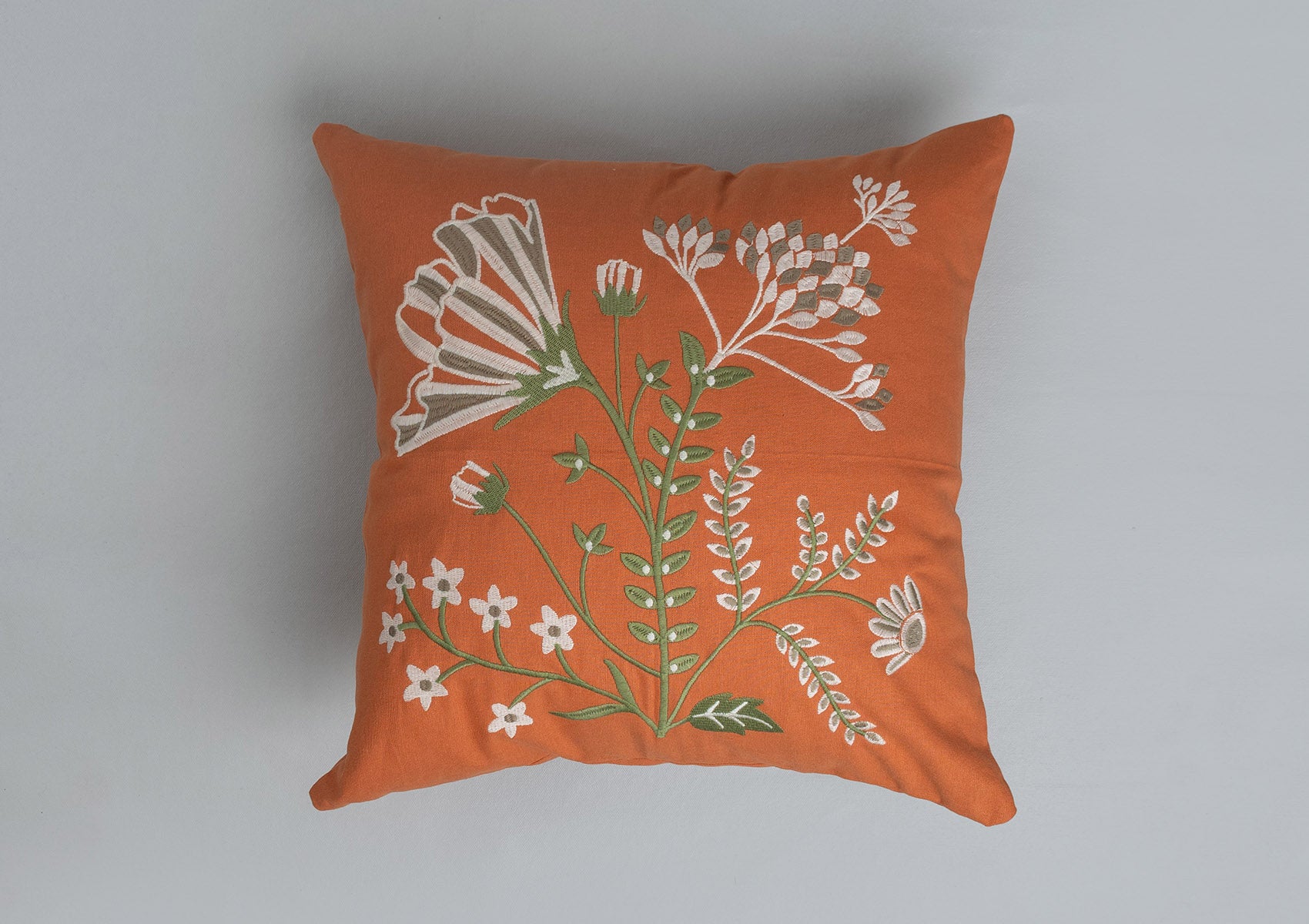 Lush 100% cotton embroidered floral cushion cover combo set for sofa - Orange and Green