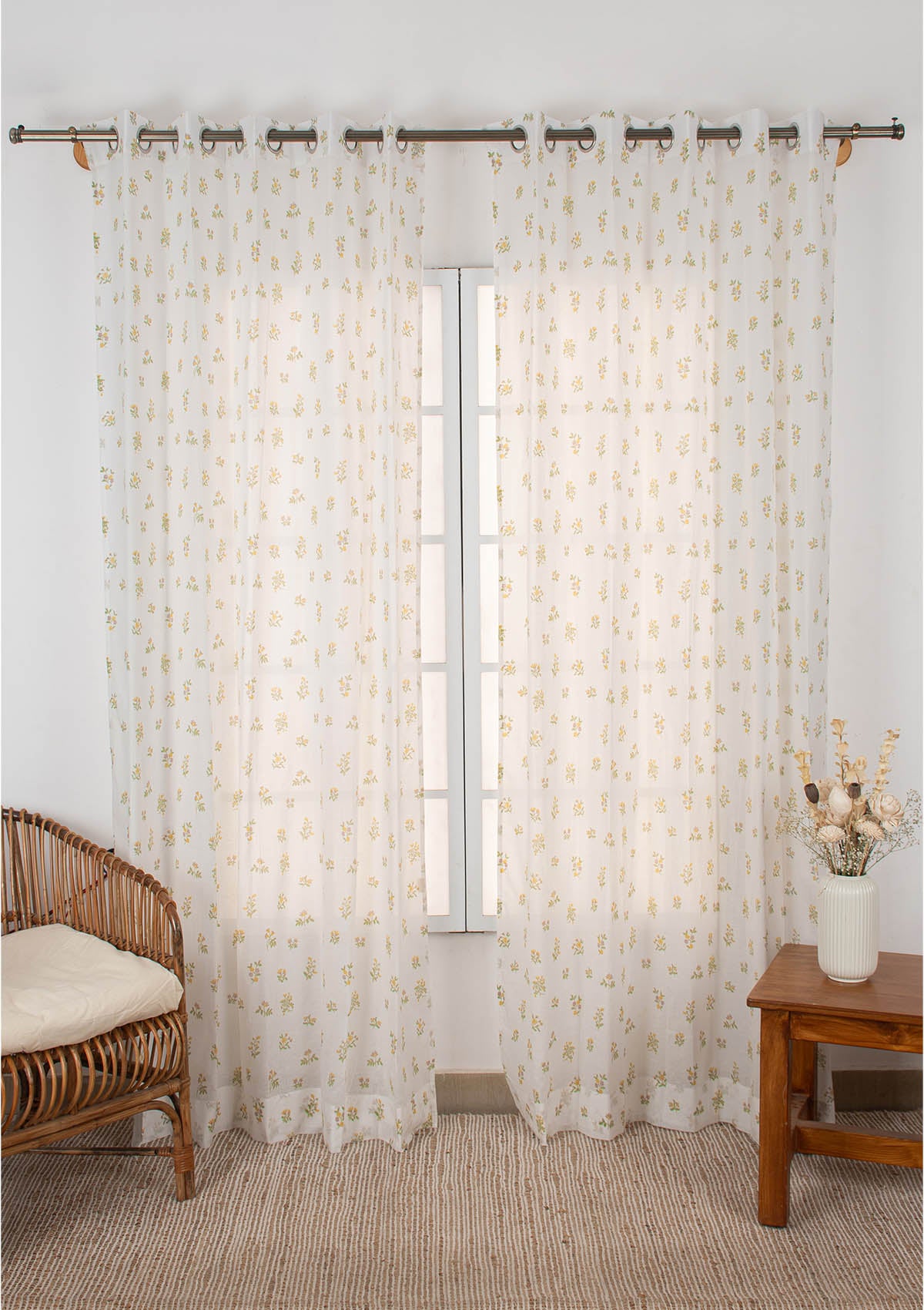 Posy minimal Floral Print 100% cotton sheer curtain for living room - Light filtering - Yellow - Single Piece