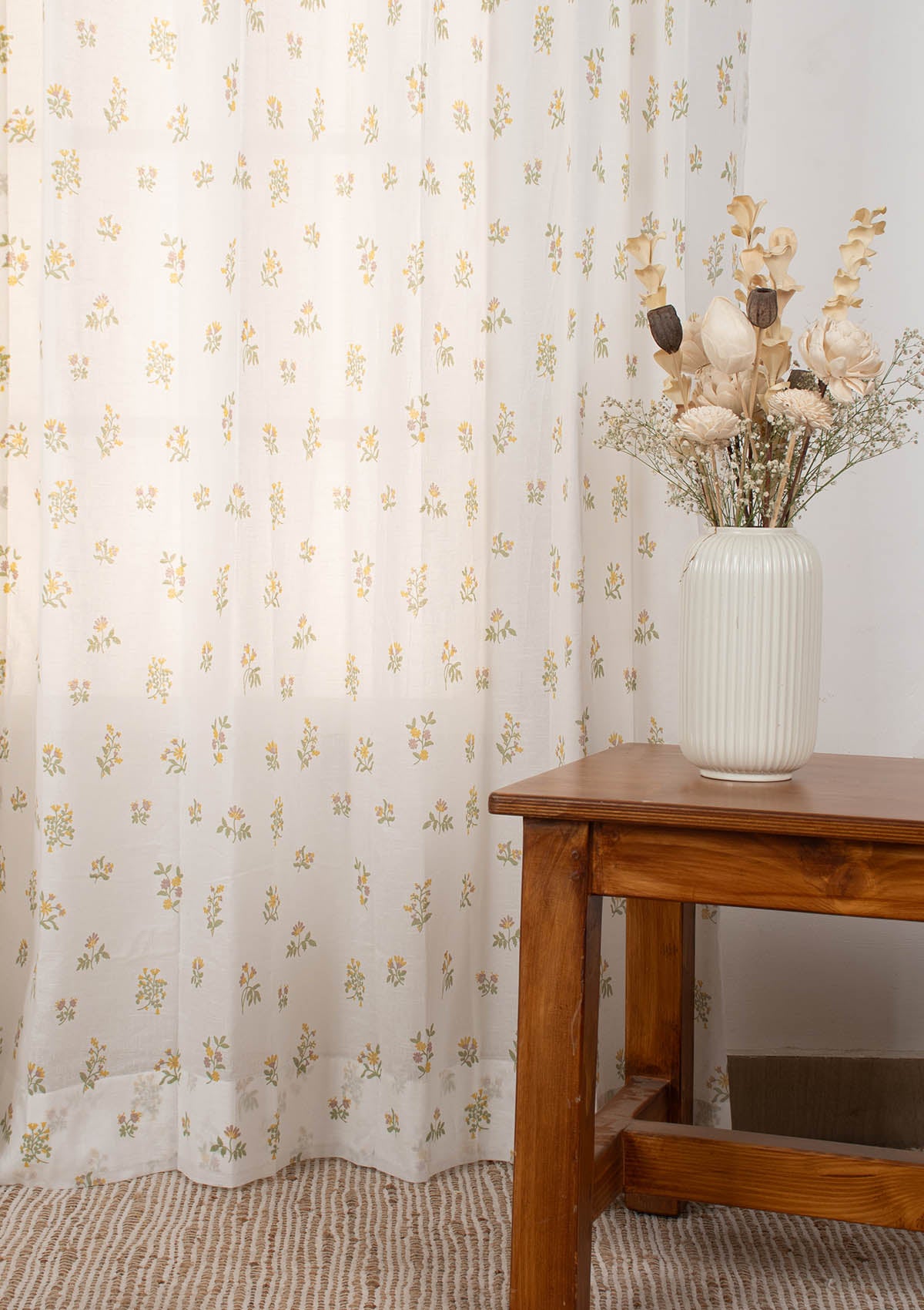 Posy minimal Floral Print 100% cotton sheer curtain for living room - Light filtering - Yellow - Single Piece