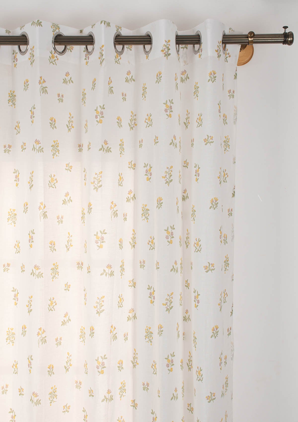 Posy minimal Floral Print 100% cotton sheer curtain for living room - Light filtering - Yellow - Single Piece