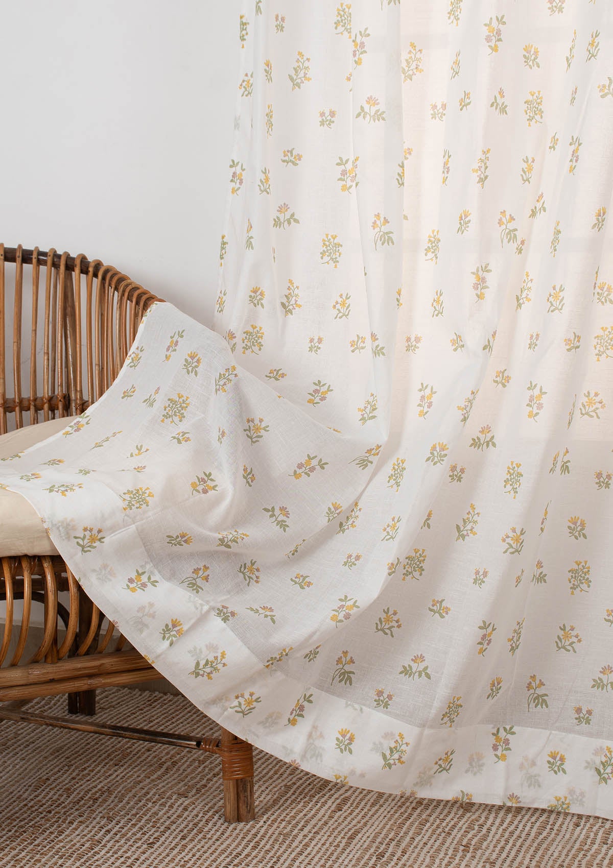 Posy minimal Floral Print 100% cotton sheer curtain for living room - Light filtering - Yellow - Single Piece