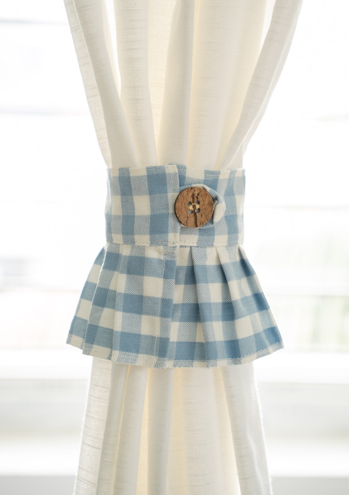 Powder blue gingham 100% Cotton curtain pleated tie back with Coconut shell button - Pack of 2