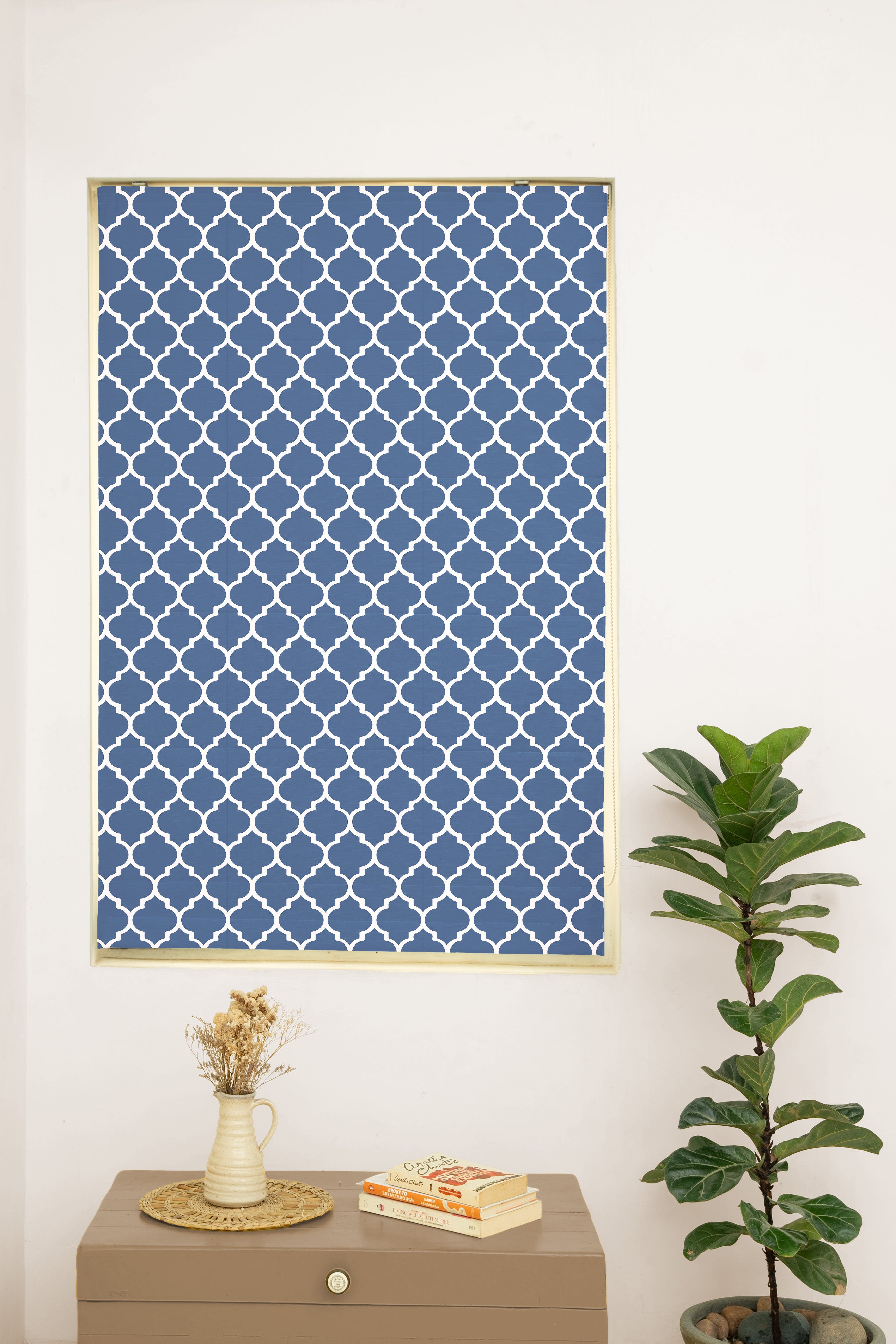 Reverse Trellis 100% Customizable Cotton geometric blind for bed room - Room darkening - Royal Blue