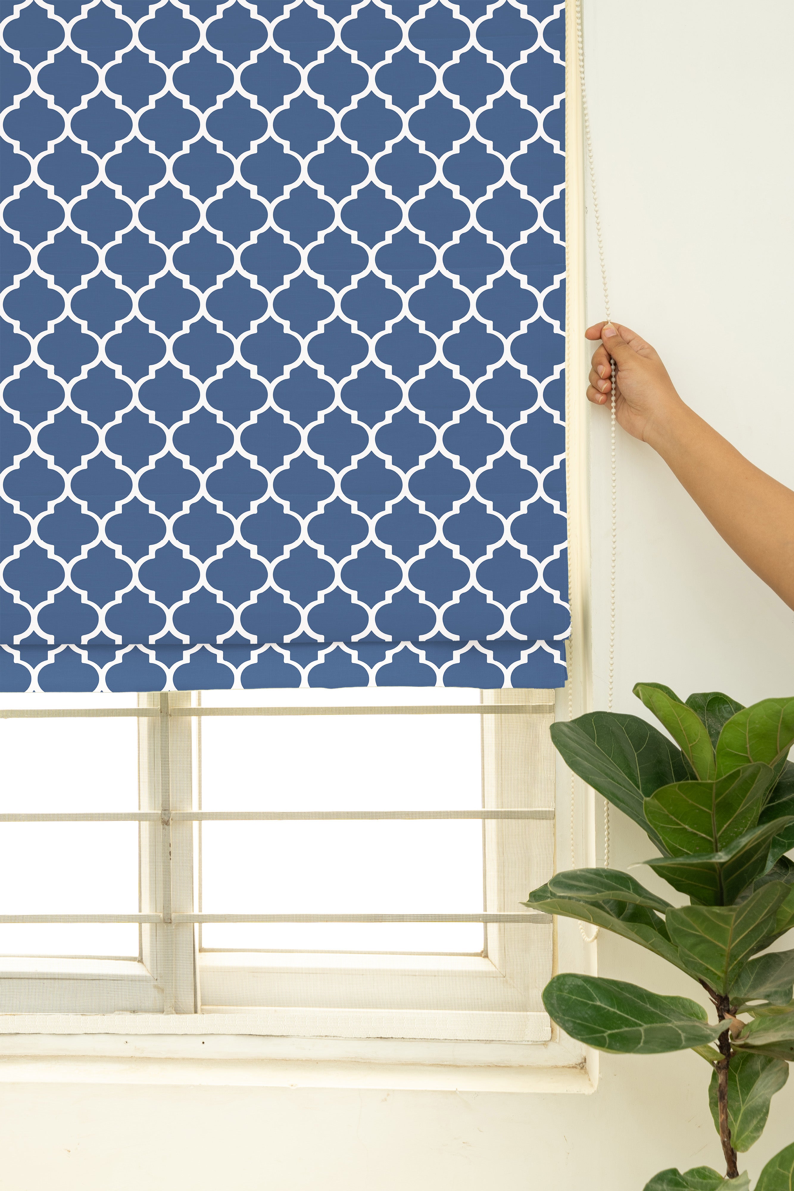 Reverse Trellis 100% Customizable Cotton geometric blind for bed room - Room darkening - Royal Blue