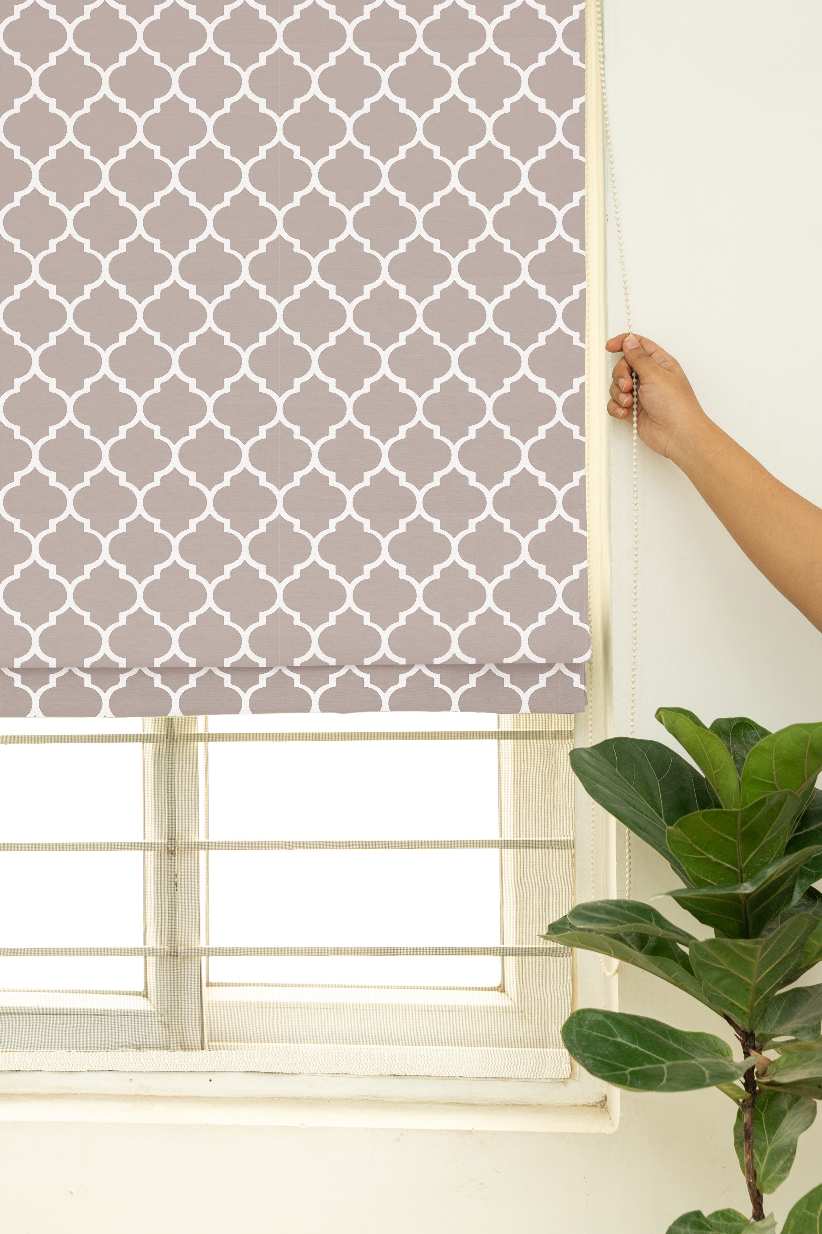 Reverse Trellis 100% Customizable Cotton geometric blind for bed room - Room darkening - Walnut Grey