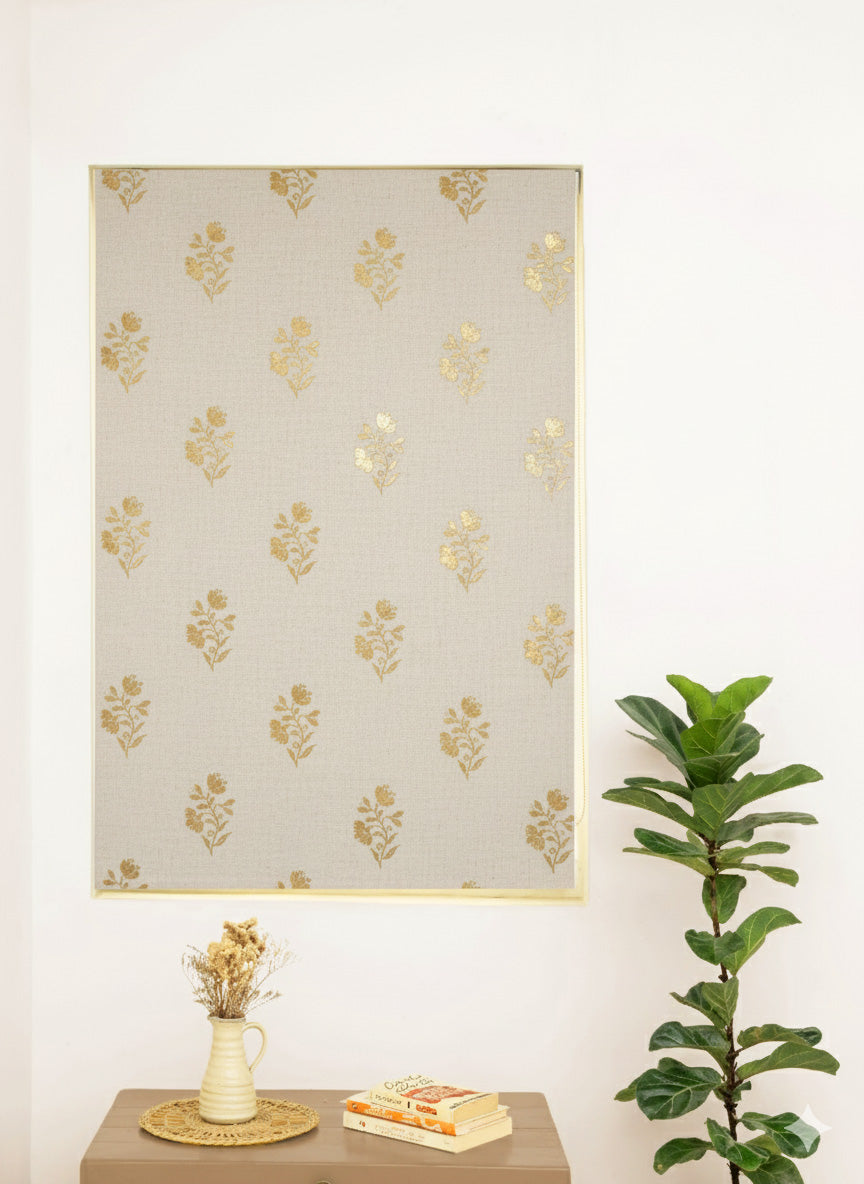 Roha Linen Cotton Gold printed Customizable blind for livingroom & Bedrooms  - Light Reduction - Beige