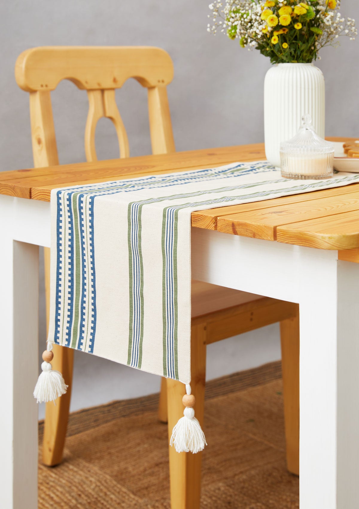 Roman Stripes Printed Cotton Table Runner - Pepper Green and Night Blue