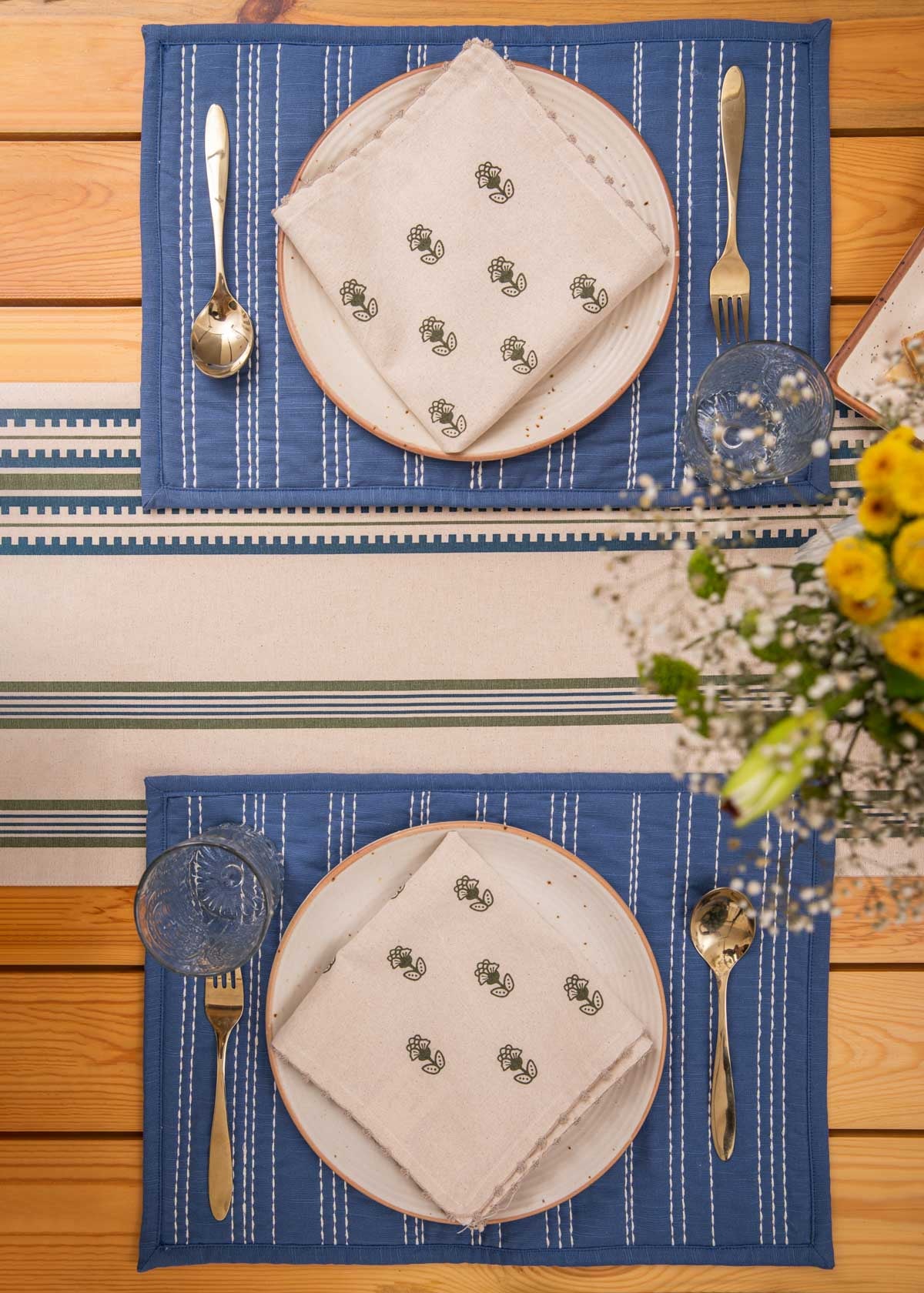 Roman stripes 100% cotton customisable geometric table Runner for dining - Pepper green & Night blue