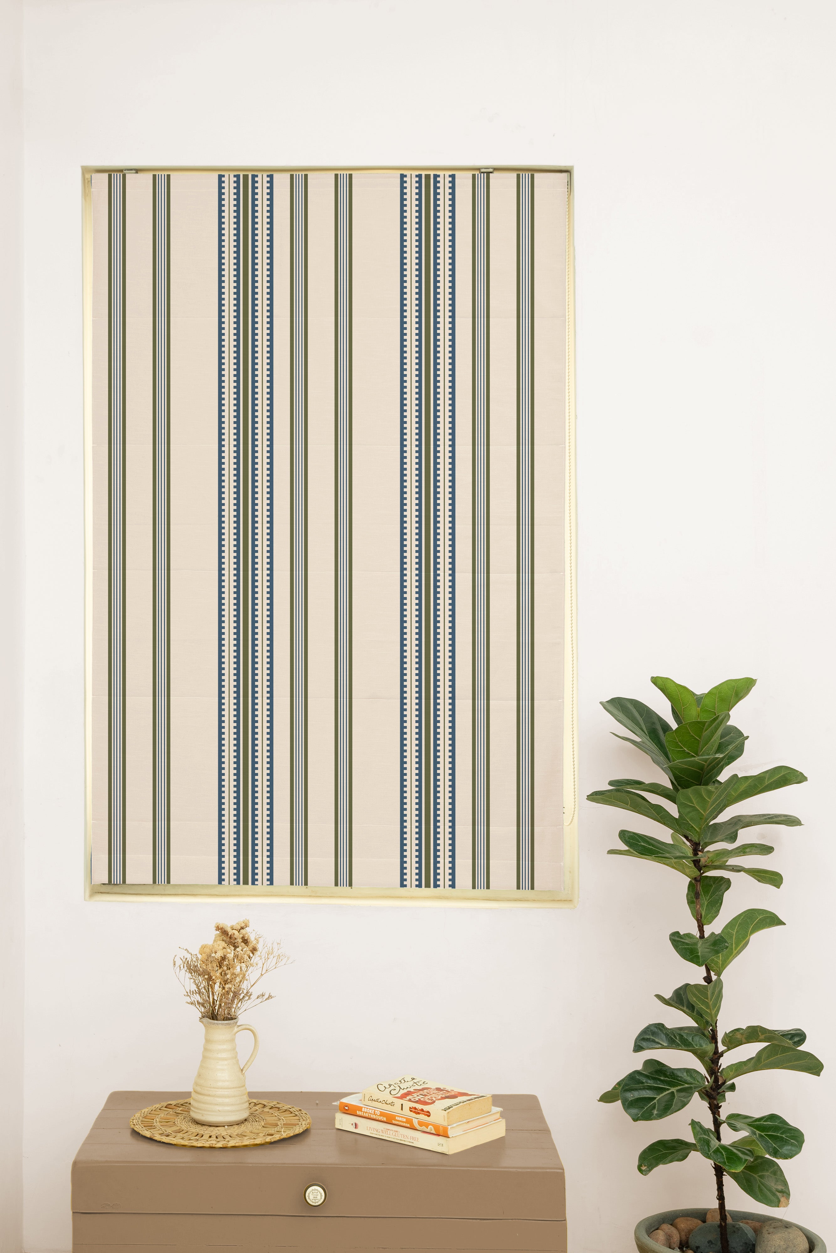 Roman Stripes 100% Customizable Cotton geometric blind for bed room - Room darkening - Pepper Green and Night Blue