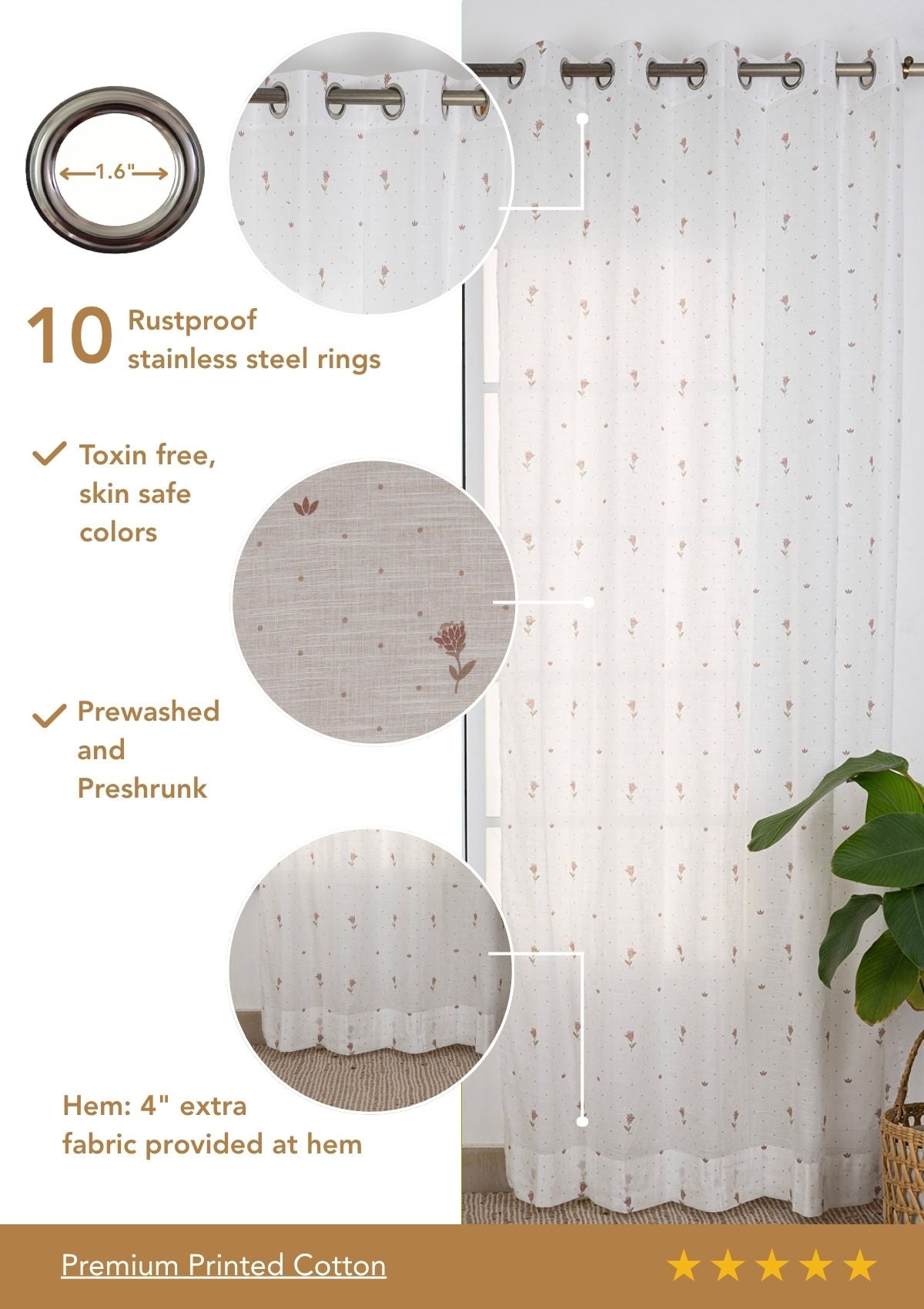 Roselle Pink Floral Printed 100% Cotton Sheer Curtain For Bedroom | Light Reduction | Single Piece