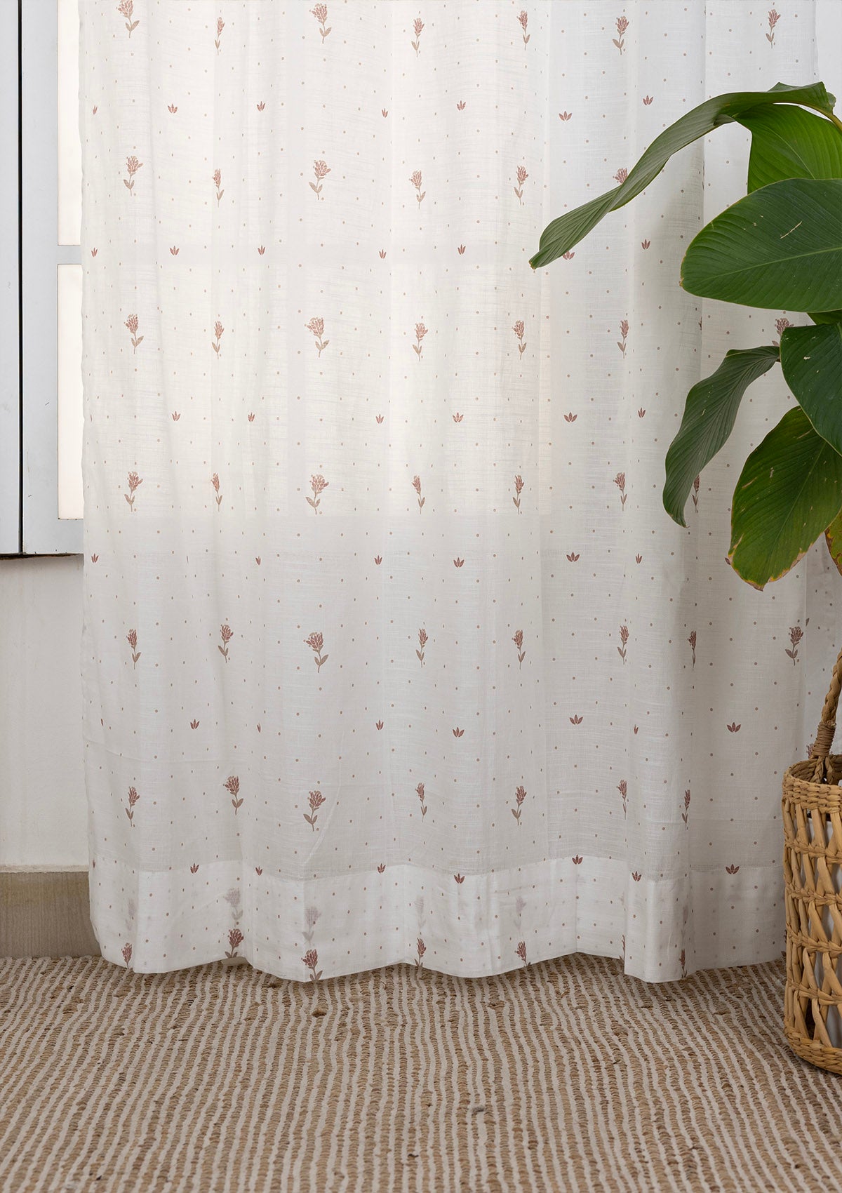 Roselle Pink Floral Printed 100% Cotton Sheer Curtain For Bedroom | Light Reduction | Single Piece