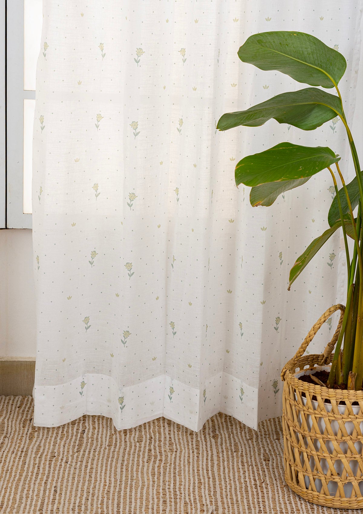 Roselle Sage Green Floral Printed 100% Cotton Sheer Curtain For Living Room | Light Reduction | Single Piece