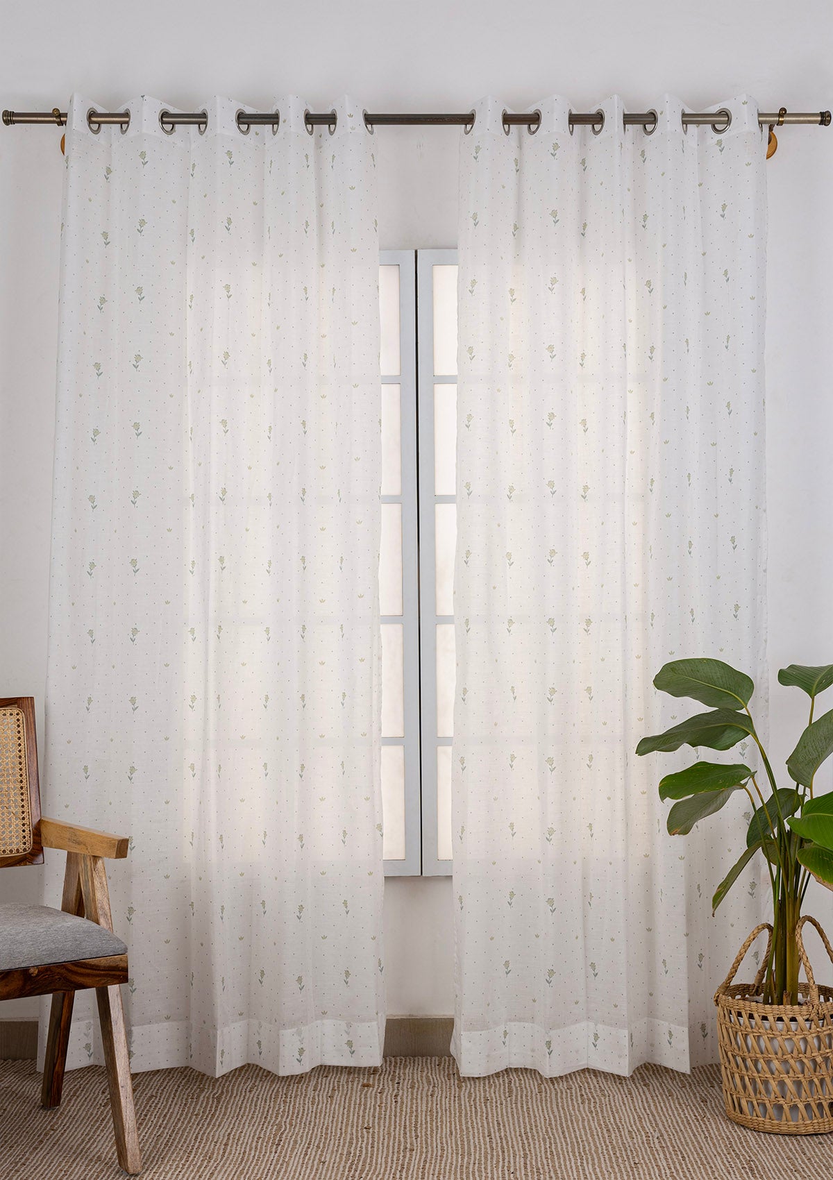 Flutter Printed Light Reduction & Roselle Printed Sheer Light Reduction | 100% Cotton for Living Room & Bedroom | Floral | Nile Blue & Sage Green | Combo Curtains | Pack of 4
