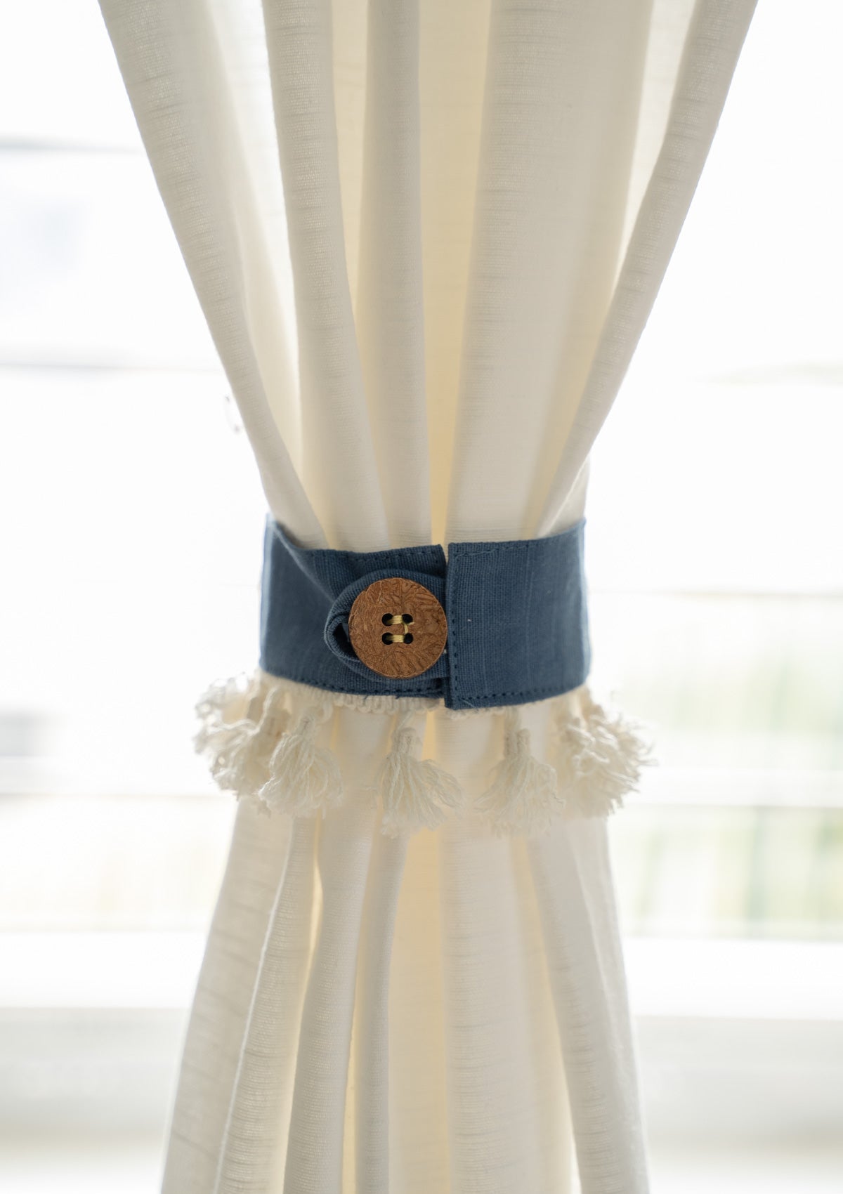 Royal Blue Solid 100% Cotton curtain tie back with Coconut shell button and tassels - Pack of 2