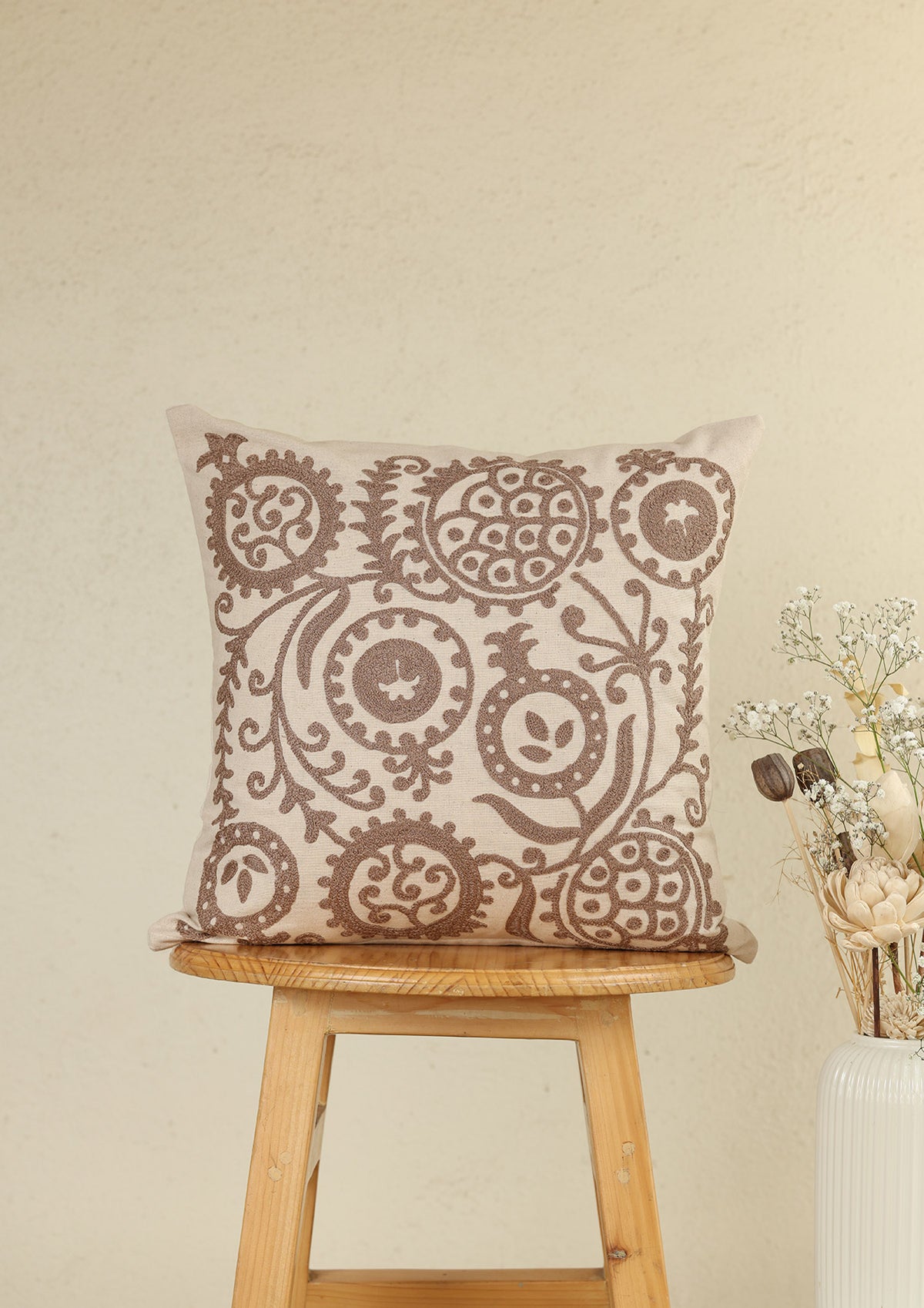 Ruby Brown | Embroidered Neutral |100% Cotton Cushion Cover For Sofa