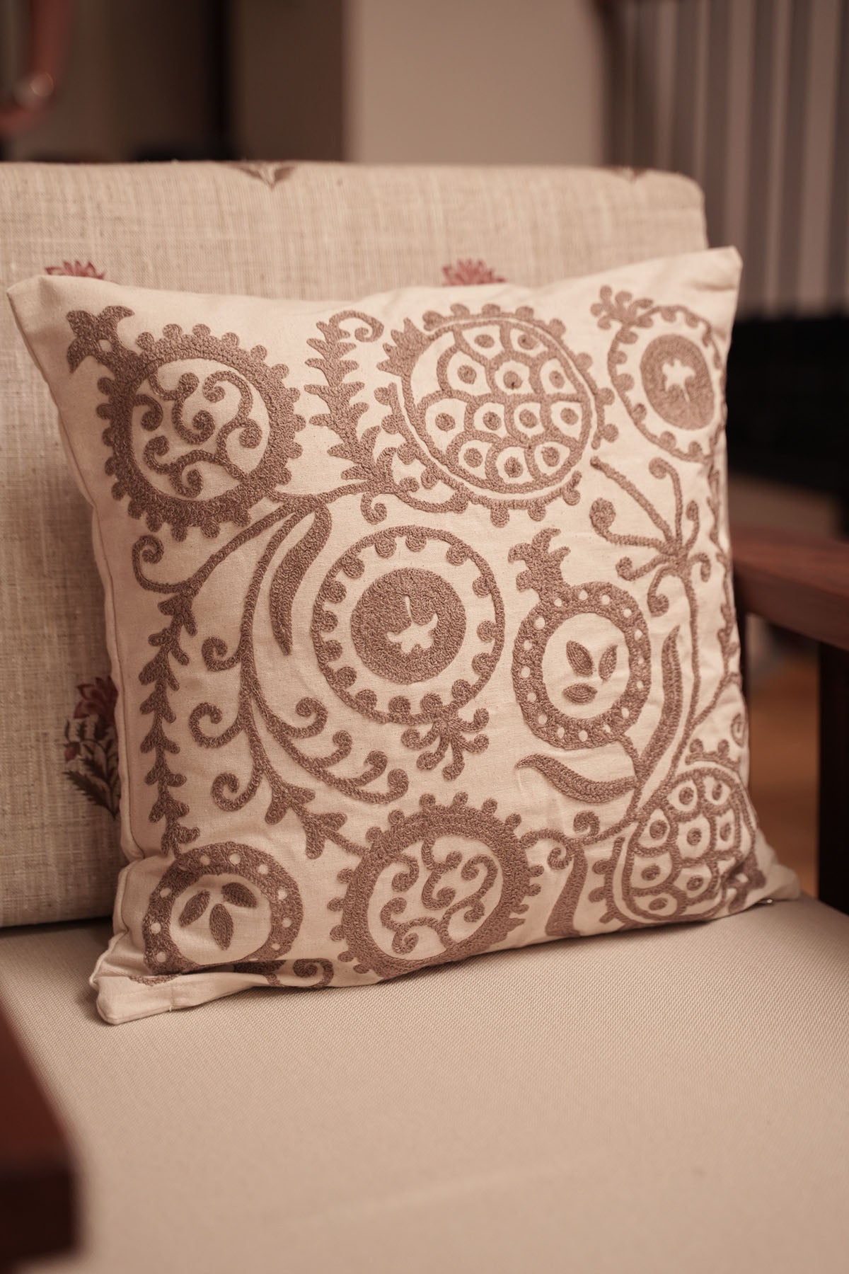 Ruby Brown | Embroidered Neutral |100% Cotton Cushion Cover For Sofa
