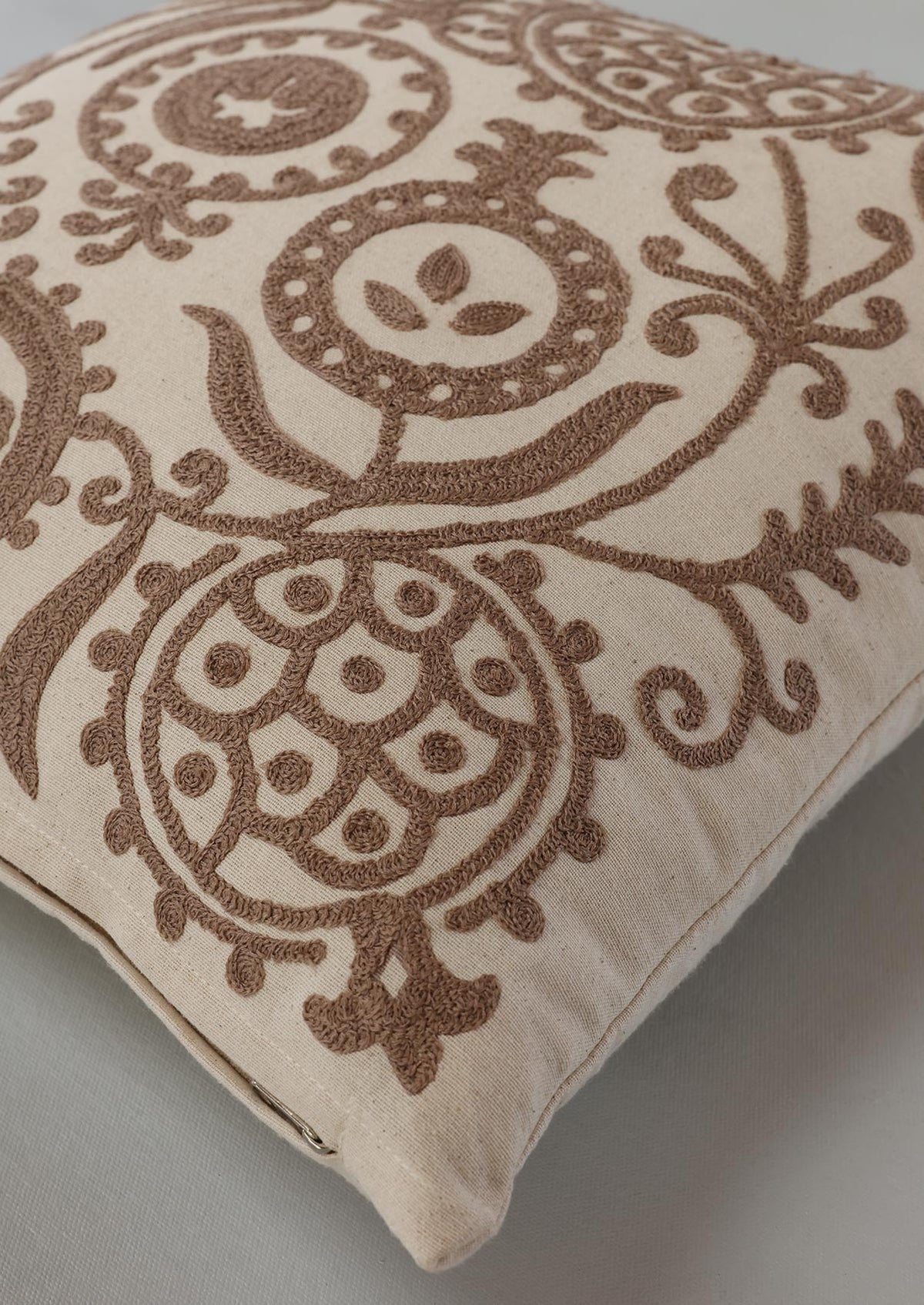 Ruby Brown | Embroidered Neutral |100% Cotton Cushion Cover For Sofa
