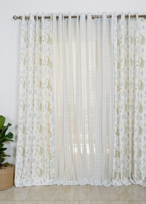 Rustling Leaves In Shades Of Green, Uneven Checks Grey Sheer Set Of 4 Combo Cotton Curtain - Green And Grey