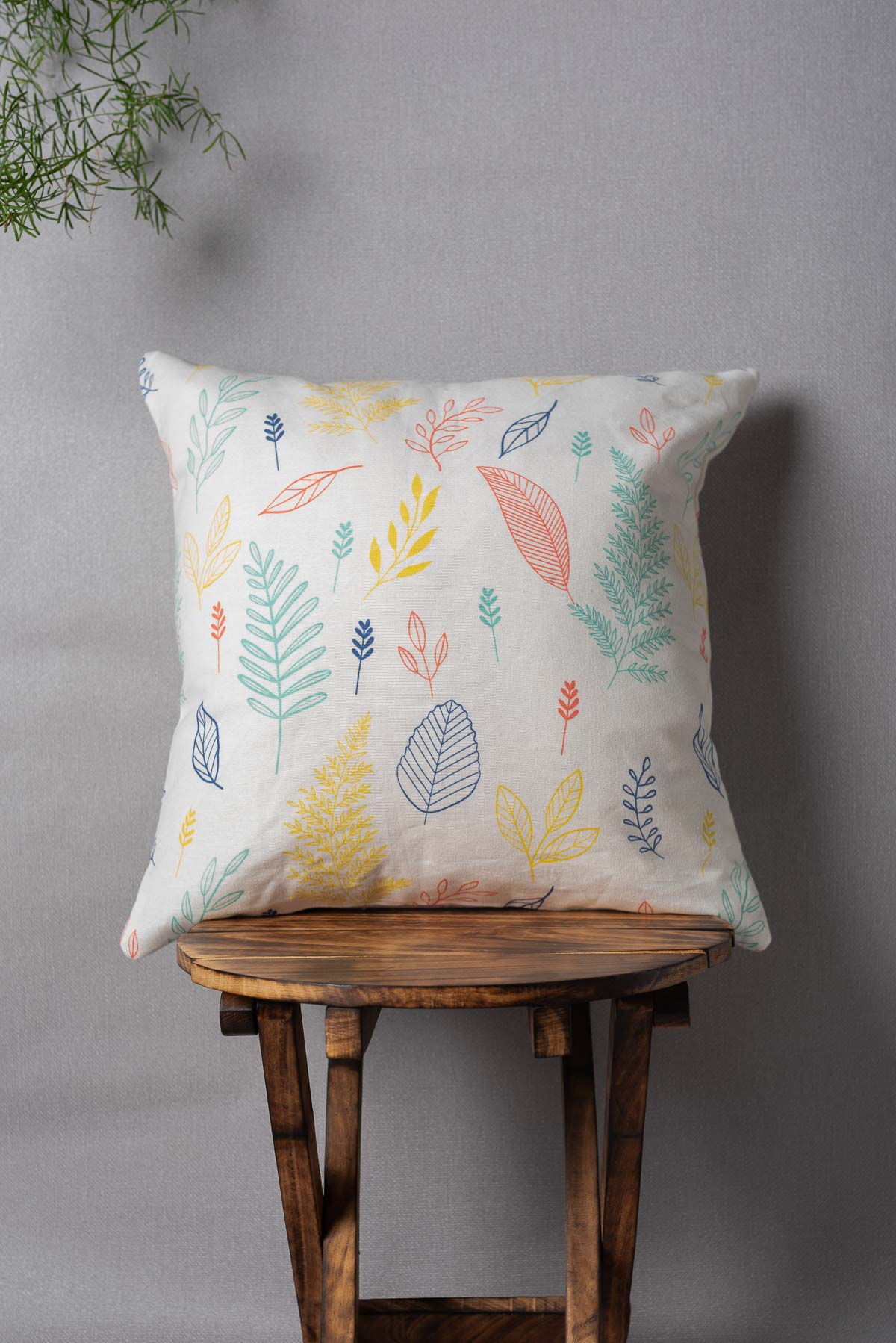Rustling Leaves Printed Cotton Cushion Cover - Multicolor