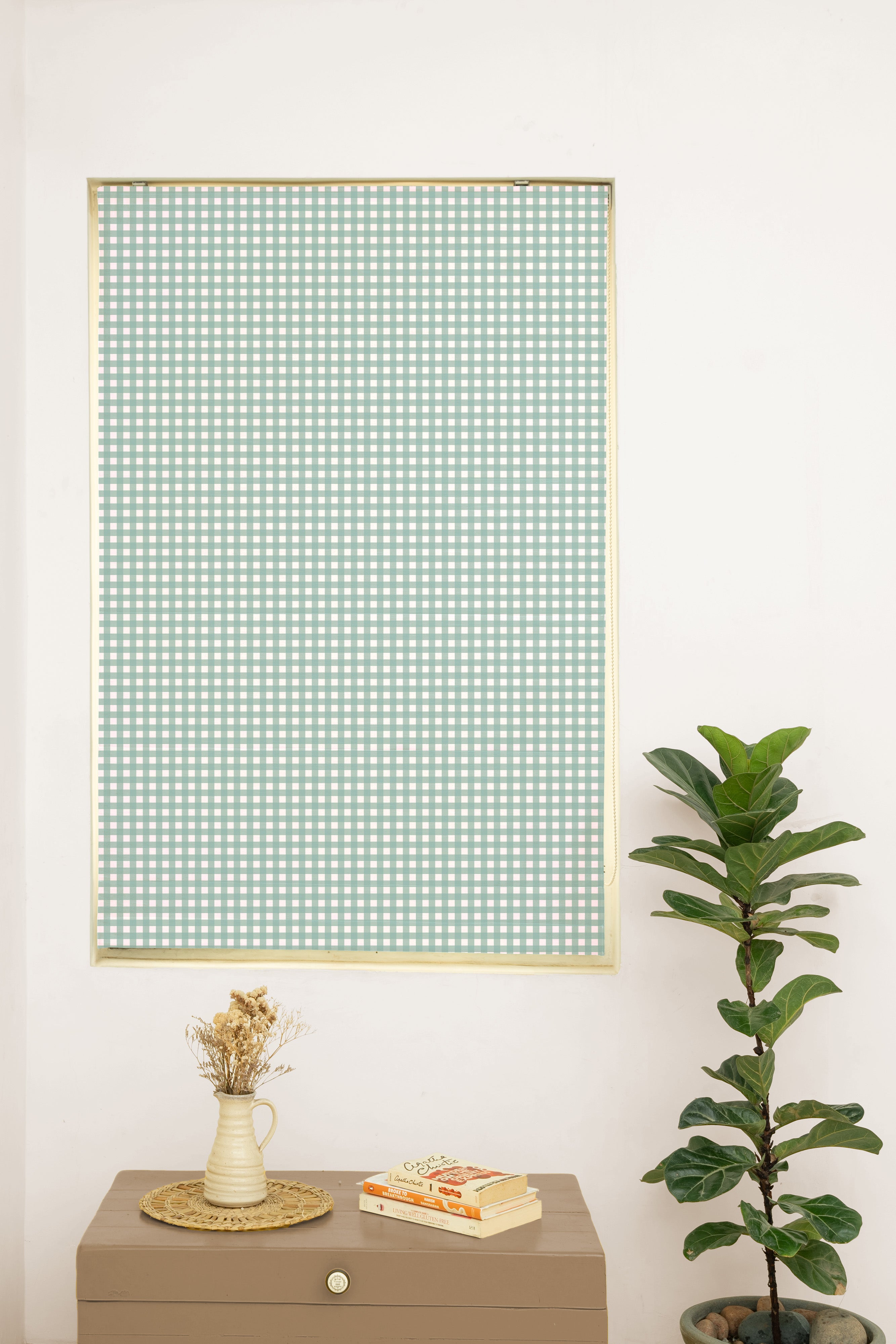 Gingham Woven 100% Customizable cotton geometric blind for living room - Room darkening - Sage Green