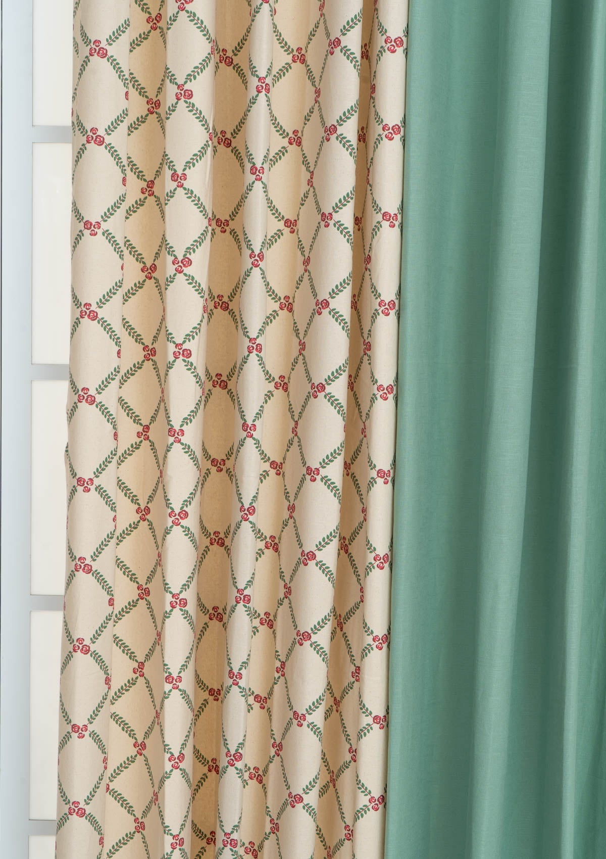 Sage Green with Climbing Roses set of 4 Cotton Curtain - Multicolor