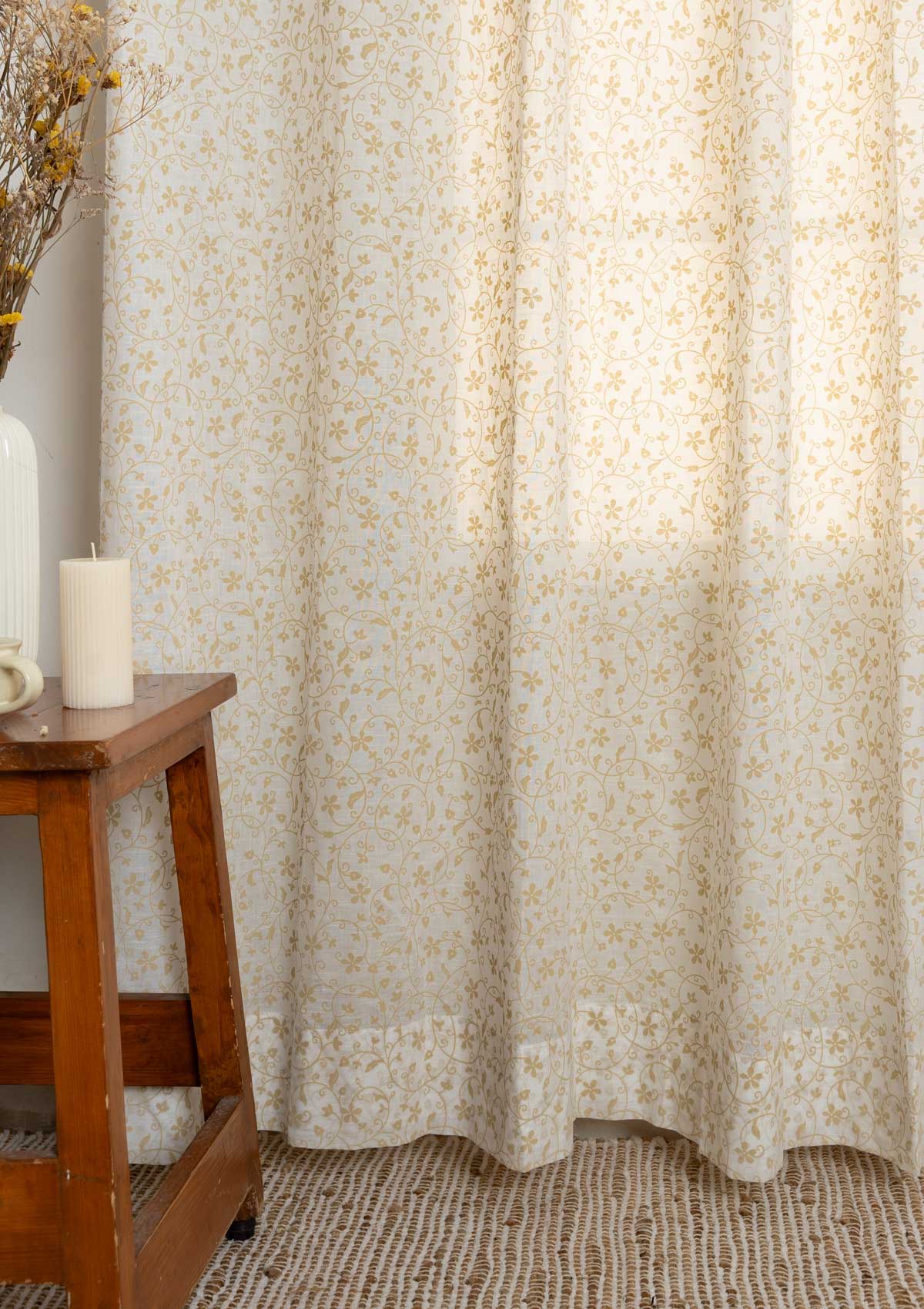 Sandalwood floral 100% cotton sheer curtain for living room - Light filtering - Ivory