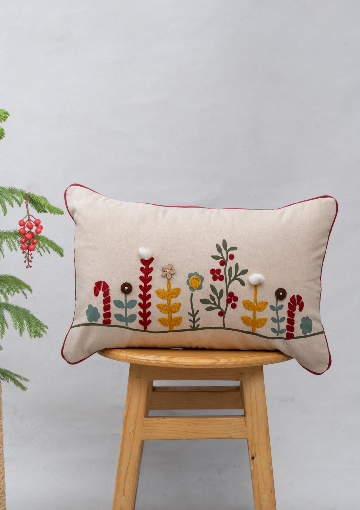 Santa's garden 100% cotton textured decorative cushion cover for sofa - Multicolor