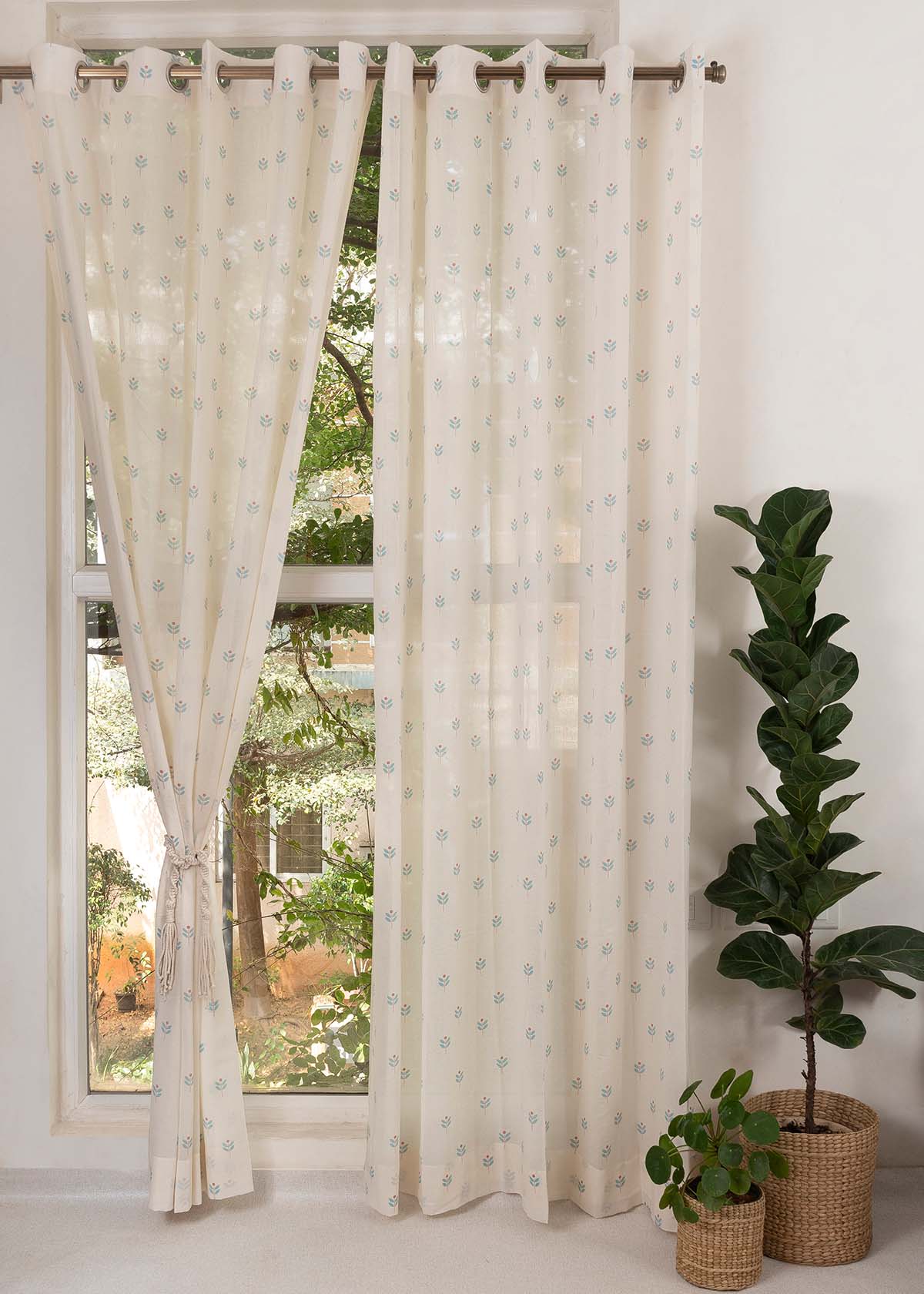 Sapling Printed Sheer Curtain - Nile Blue