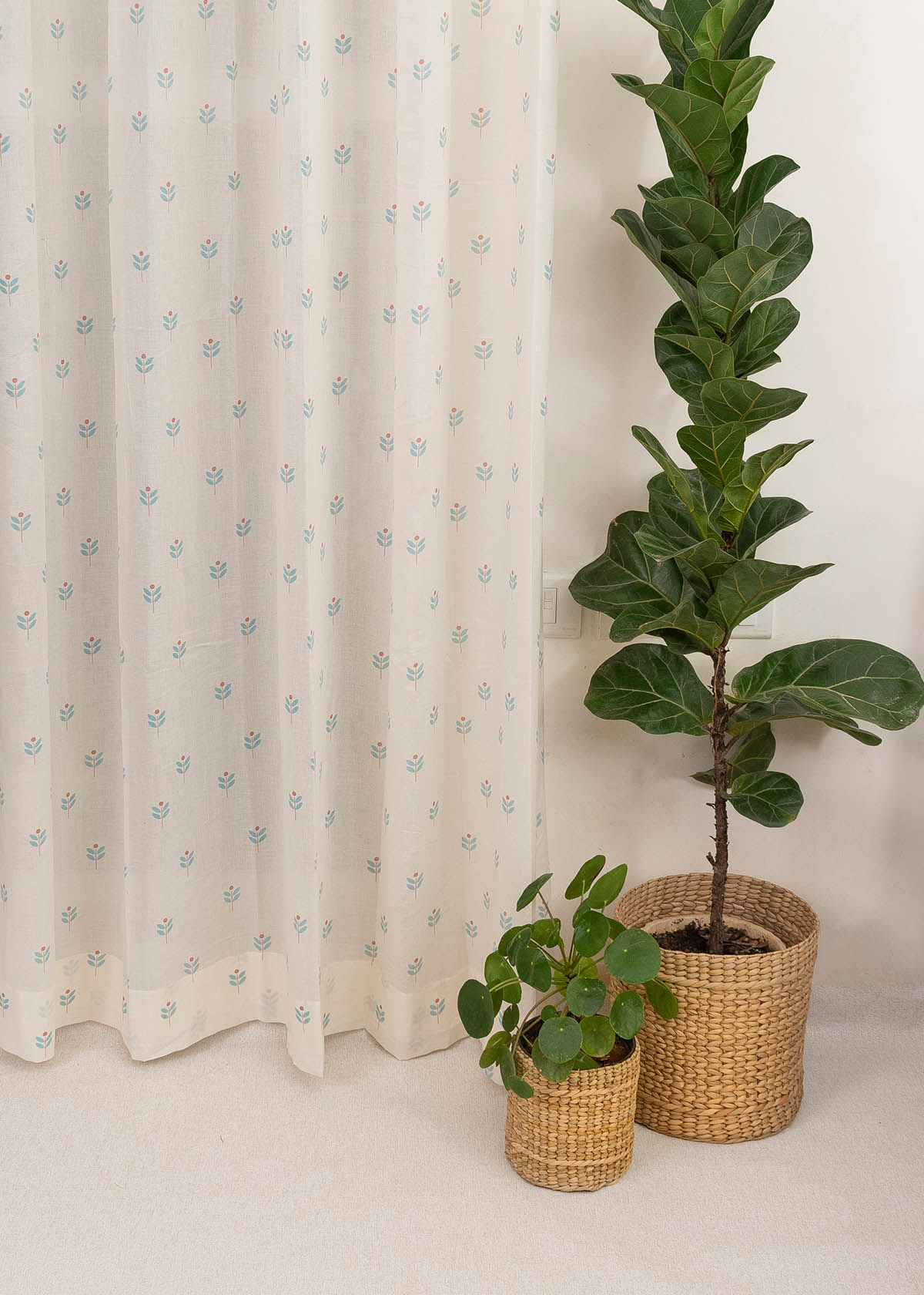Sapling 100% Cotton Sheer floral curtain for Living room - Light filtering - Nile Blue - Pack of 1