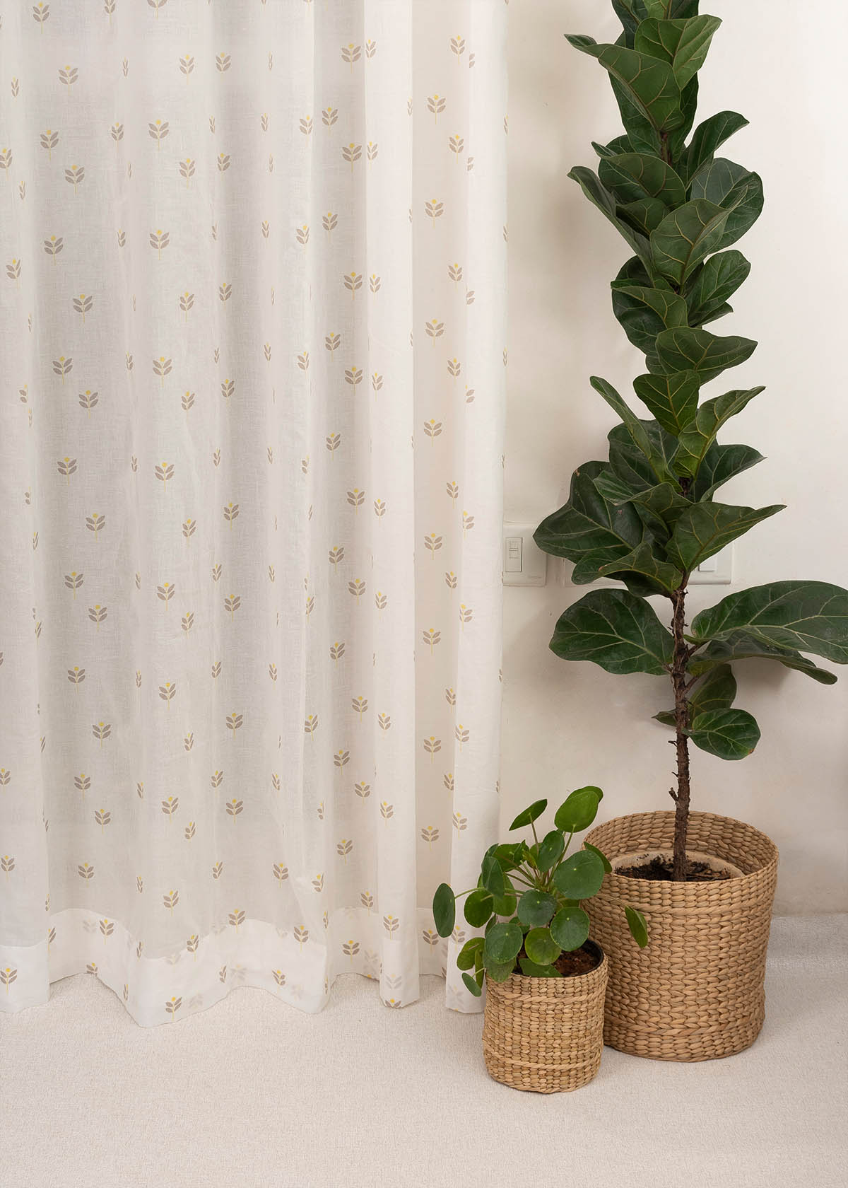 Sapling 100% Customizable Cotton Sheer floral curtain for Living room - Light filtering - Yellow
