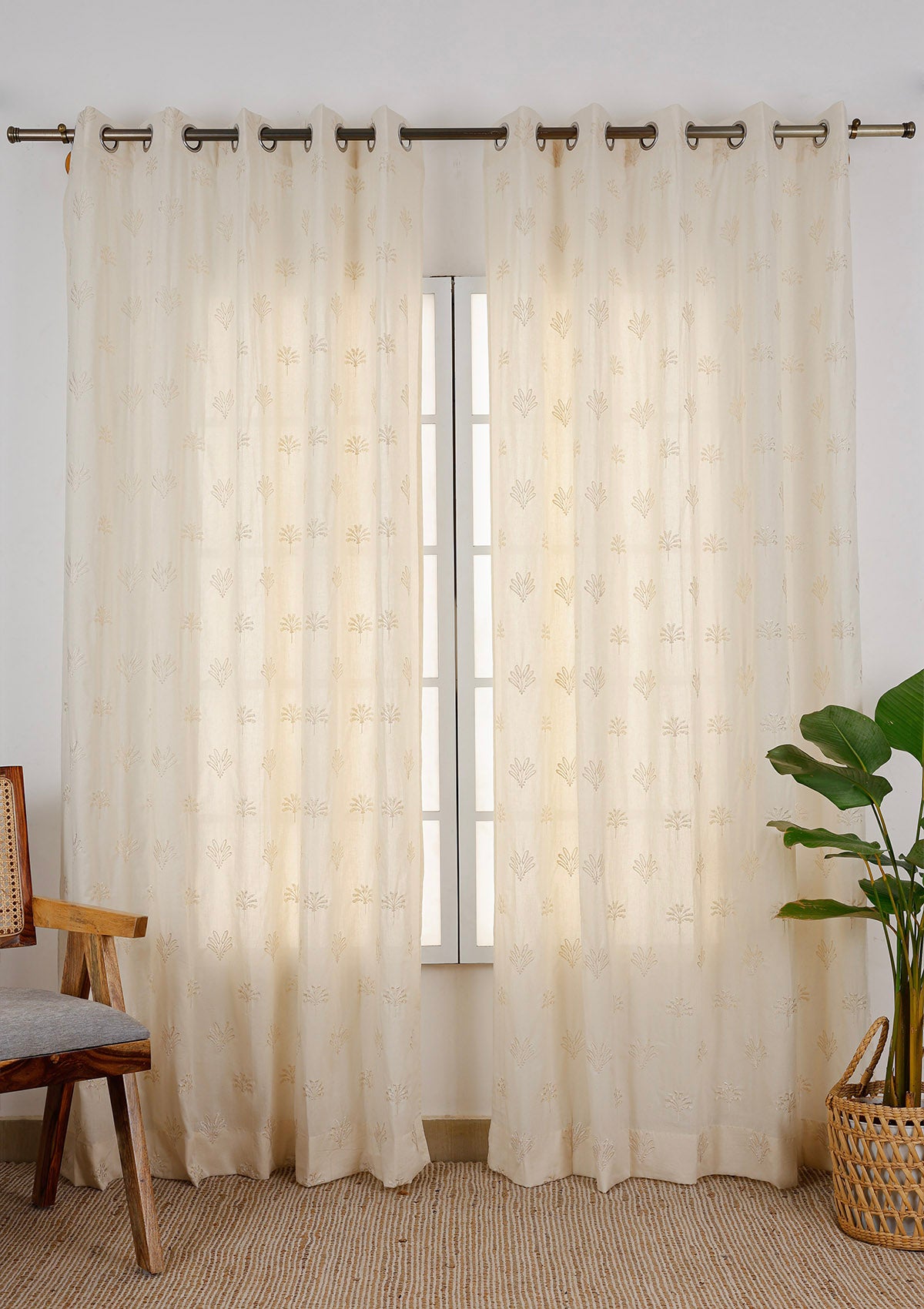 Vanilla Solid Textured Room Darkening & Silva Embroidered Sheer Light Reduction | 100% Cotton for Living Room & Bedroom | Beige | Combo Curtains | Pack of 4