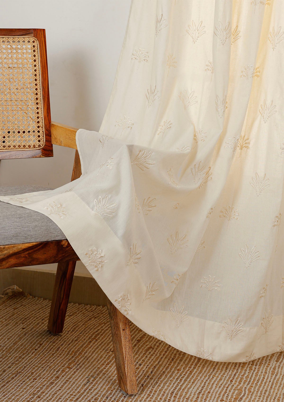 Silva Beige Embroidered 100% Cotton Sheer Curtain For Living Room | Light Reduction | Single Piece