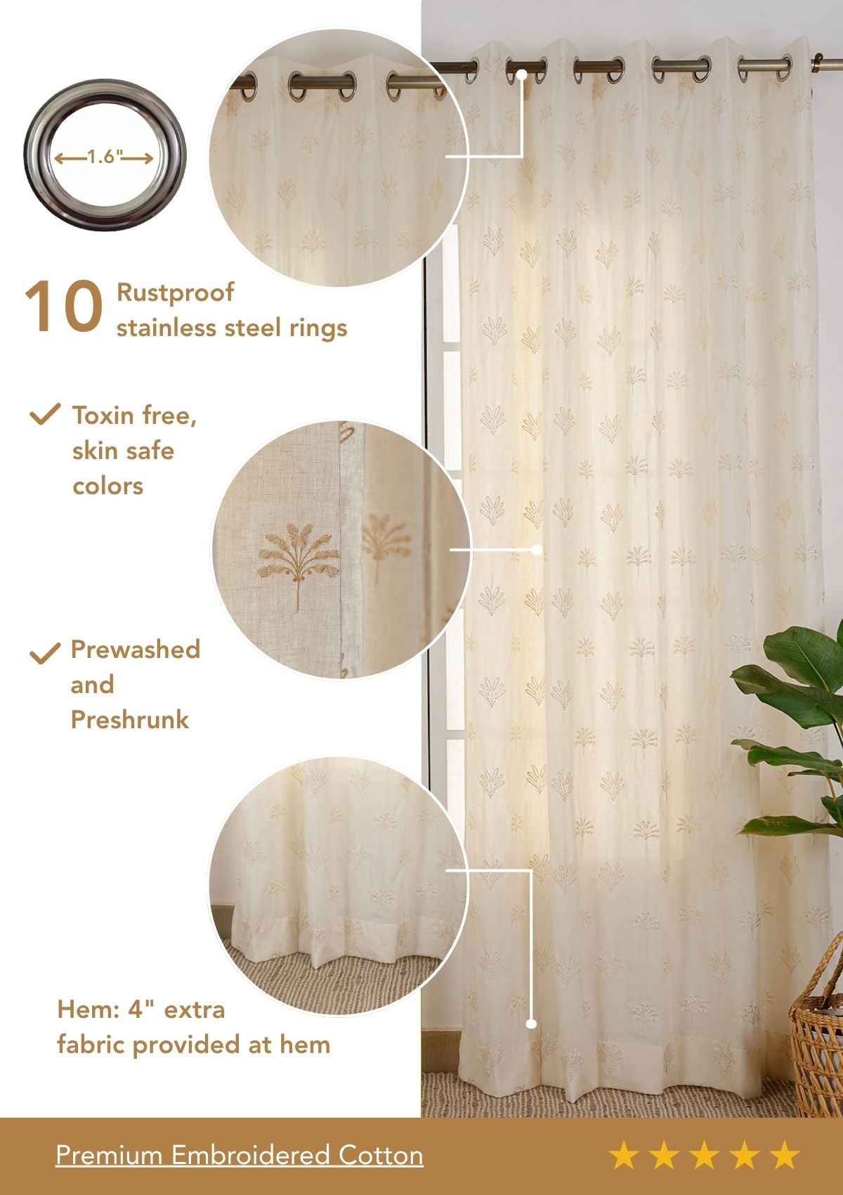 Silva Beige Embroidered 100% Cotton Sheer Curtain For Living Room | Light Reduction | Single Piece