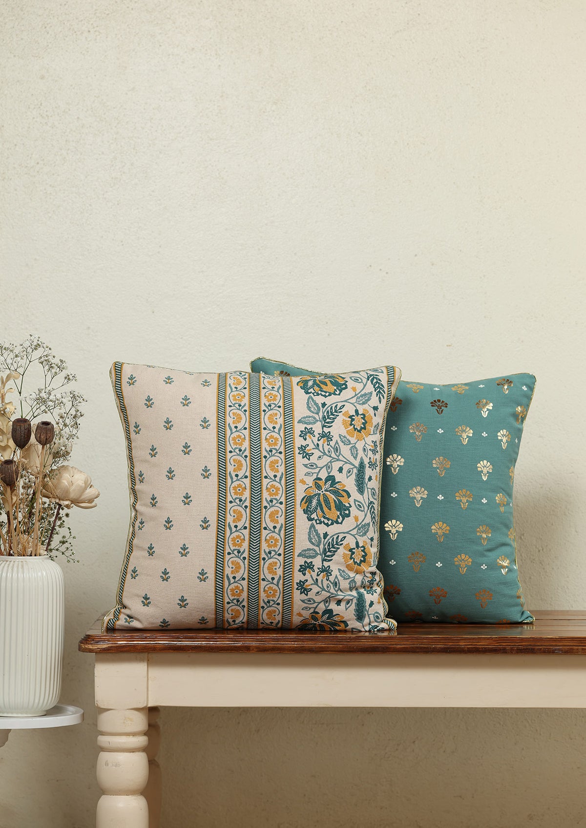 Siri & Mudra Teal | Gold Printed Floral | 100% Cotton Cushion Cover For Sofa | Pack of 2