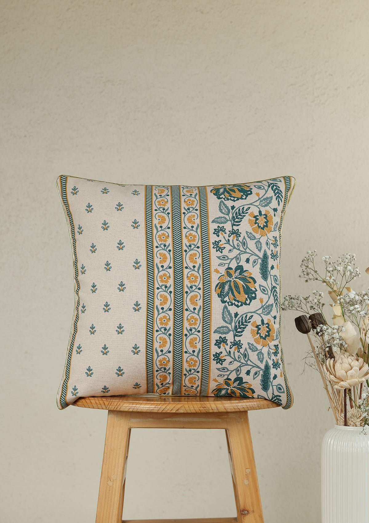 Siri Teal | Printed Floral | 100% Cotton Cushion Cover For Sofa