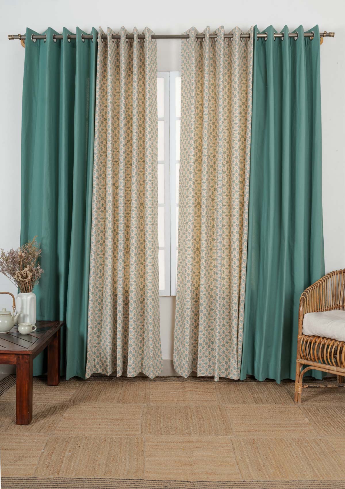 Solid Aqua blue cotton curtain with Yura geometric 100% cotton curtains for living room - Set of 4