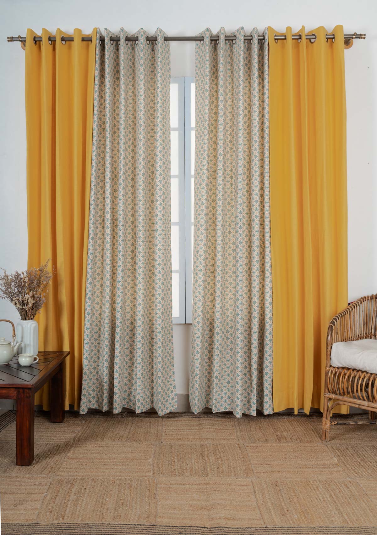 Solid Mustard with Yura geometric print 100% cotton curtain for living room - Set of 4