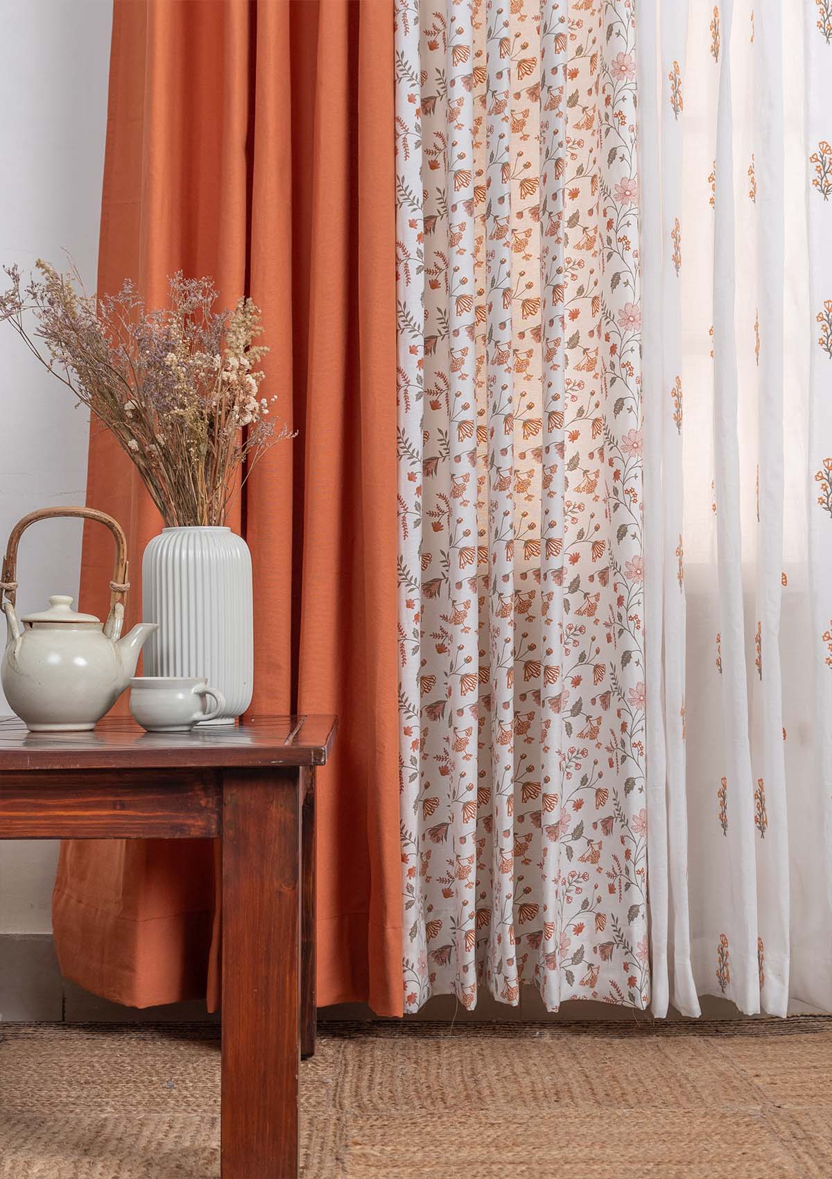 Solid Orange, forest bloom floral cotton curtain with Spring floral sheer 100% cotton curtains for living room - Set of 6