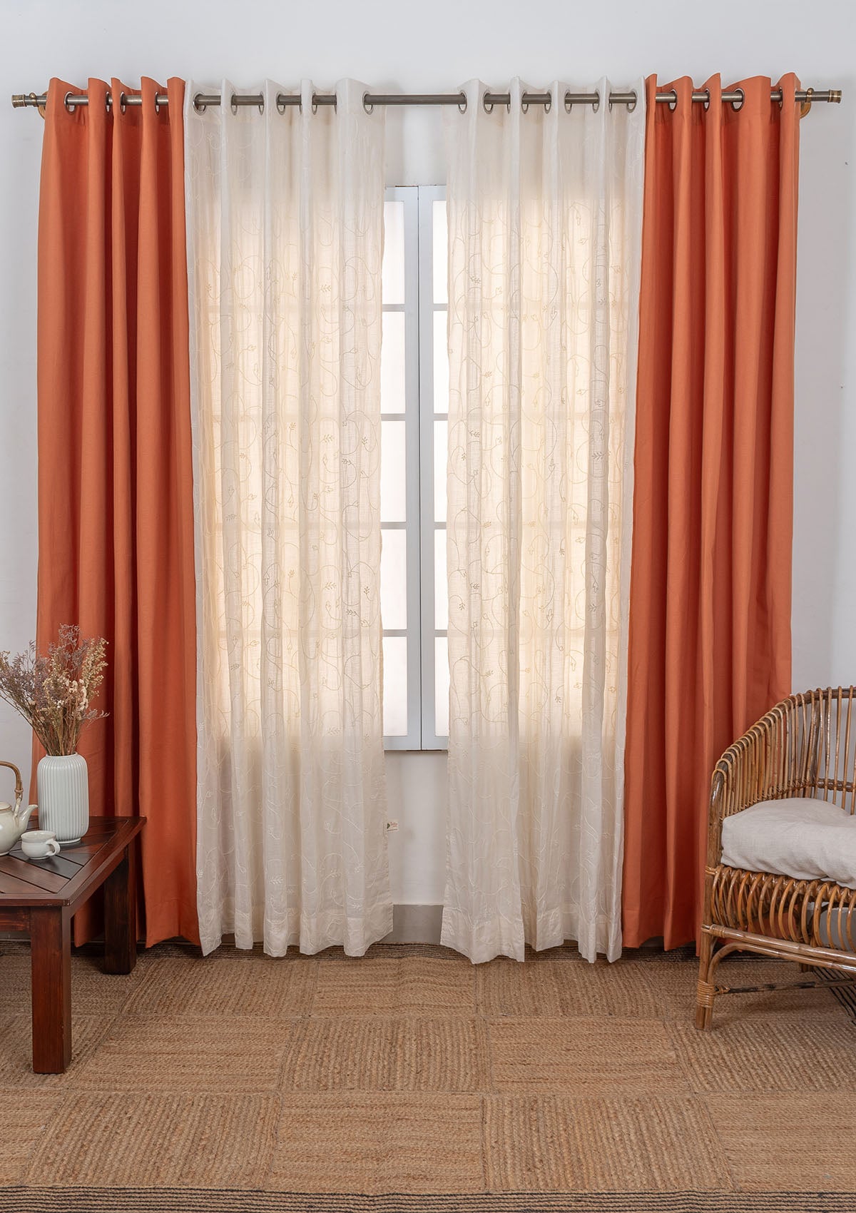 Solid Orange cotton curtain with Ivy vines cream embroidered sheer 100% cotton curtains for living room - Set of 4