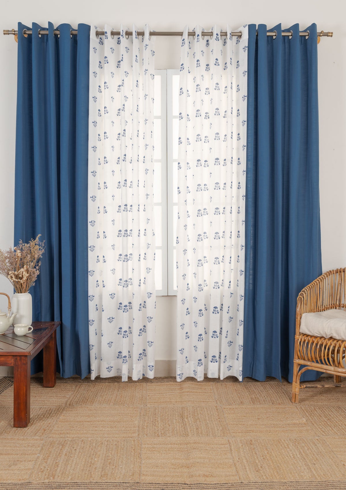 Solid Royal blue cotton curtain with Sunbird geometric sheer 100% cotton curtains for living room - Set of 4
