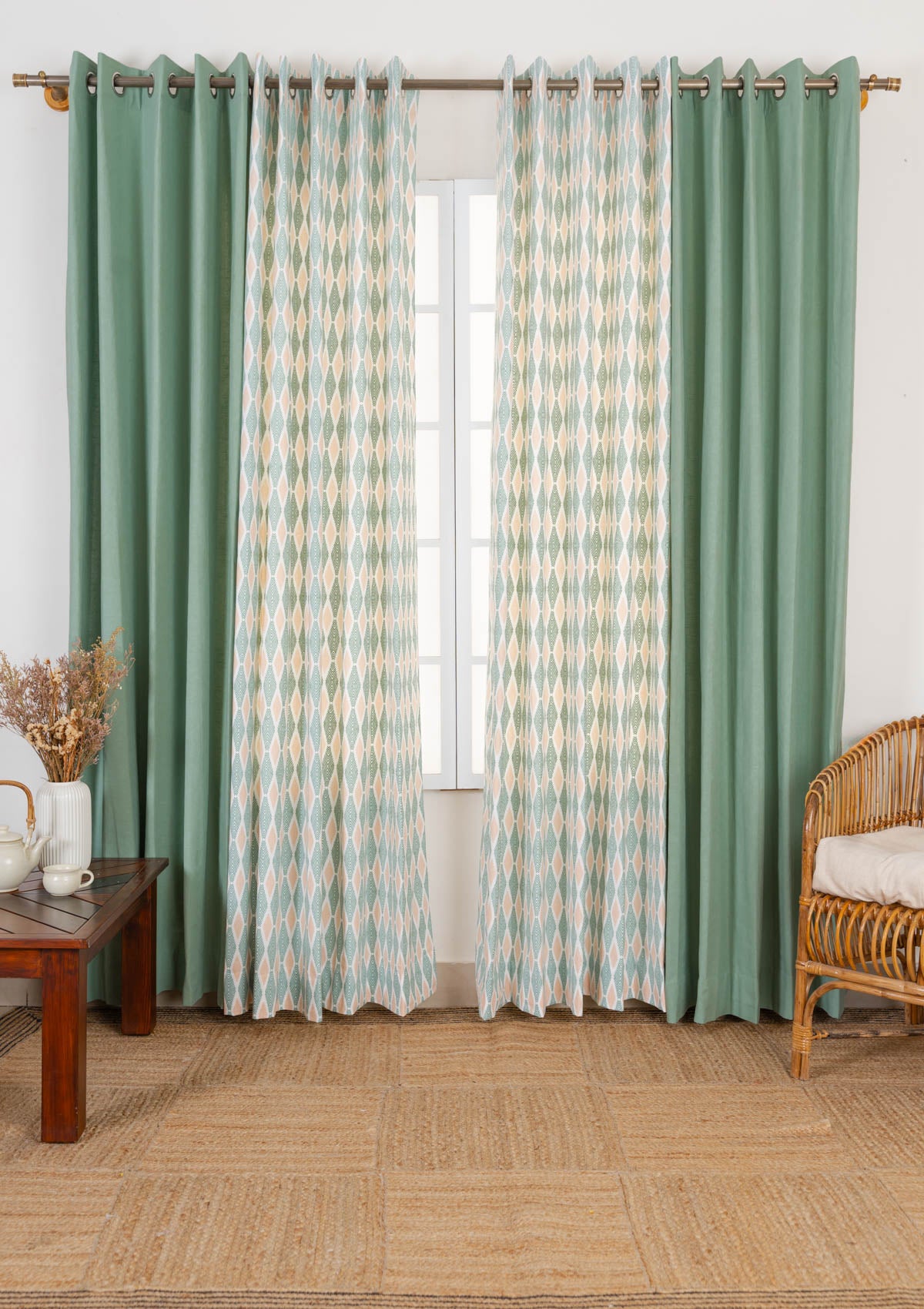 Solid Sage Green cotton curtain with Maze geometric cotton 100% cotton curtains for living room - Set of 4