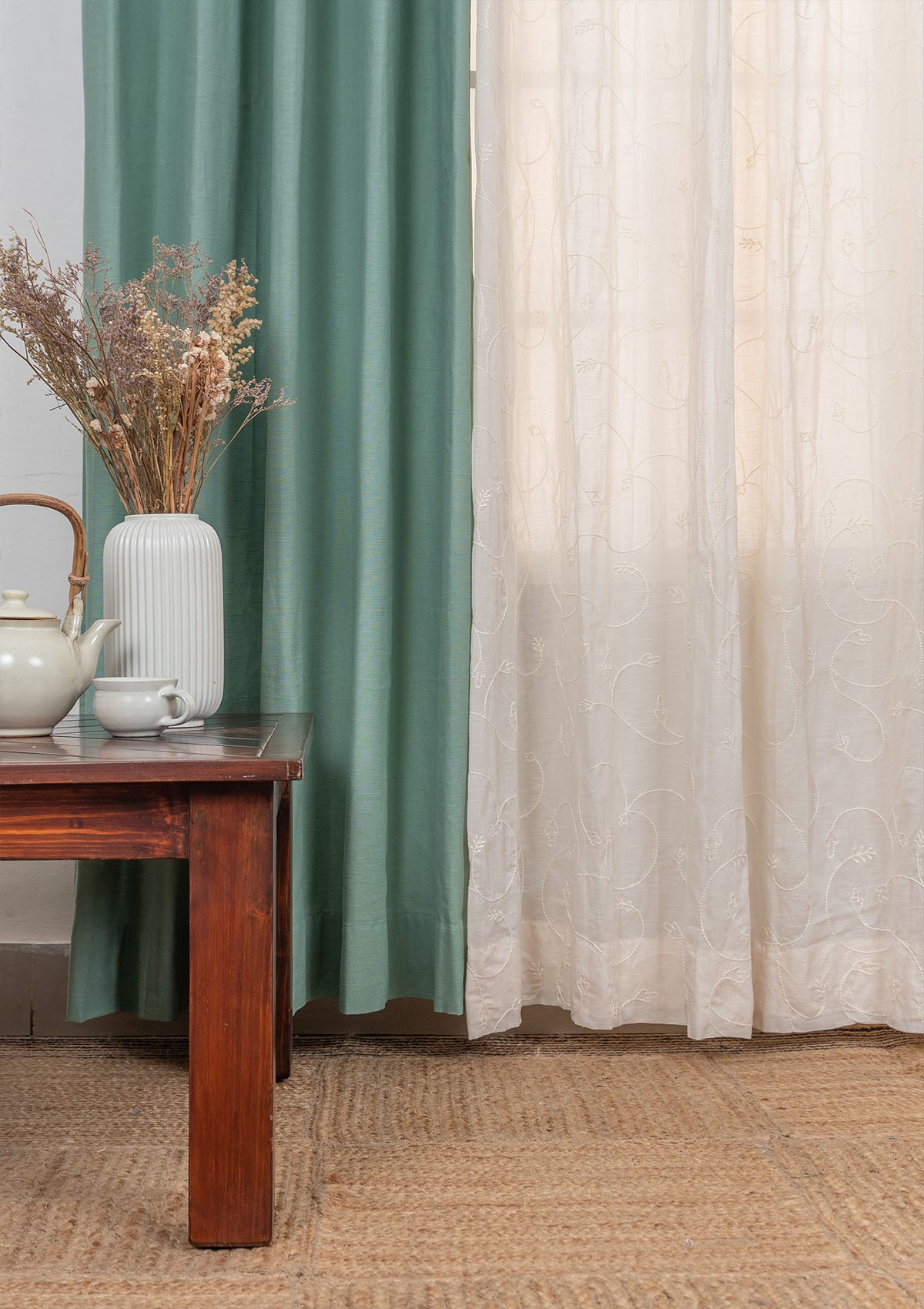 Solid Sage green cotton curtain with Ivy vines cream embroidered sheer 100% cotton curtains for living room - Set of 4