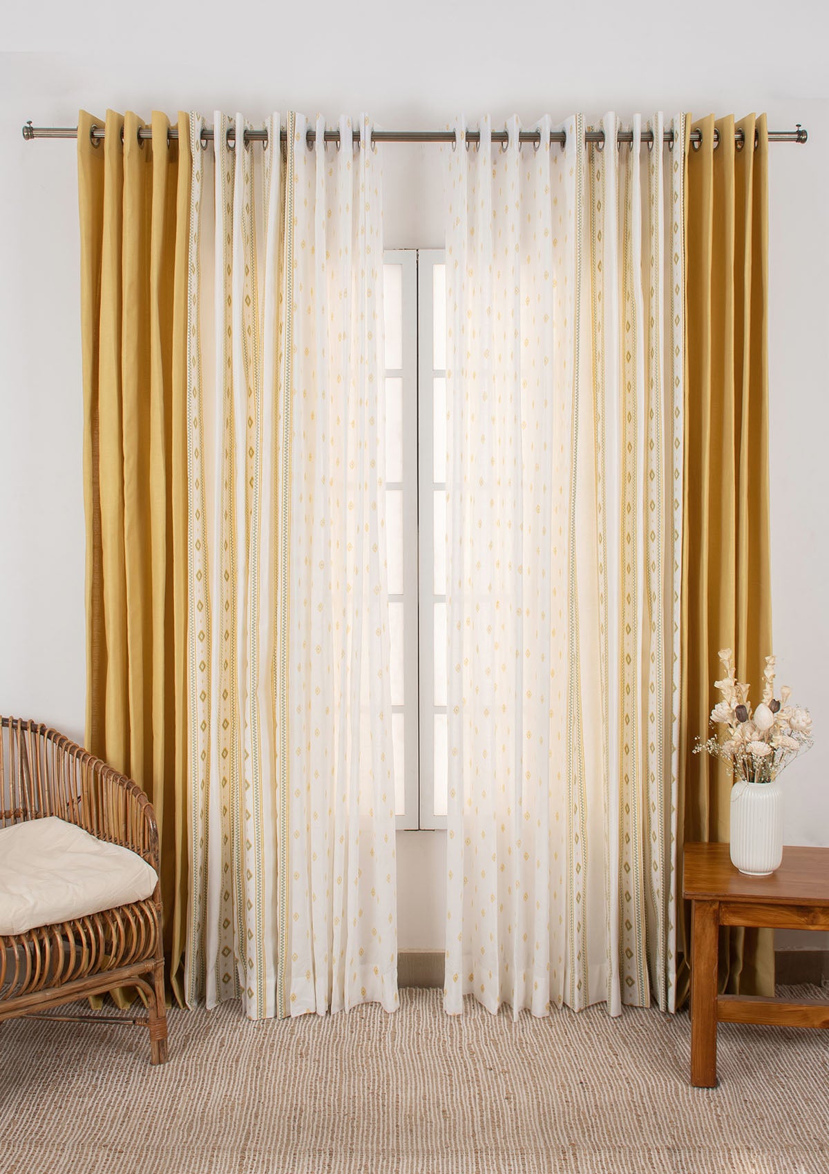 Solid Dusky Yellow Cotton, Echo Geometric Cotton and Noor Yellow Sheer - 100% Cotton Light-Reduction Curtains for Living Room & Bedroom - Pack of 6