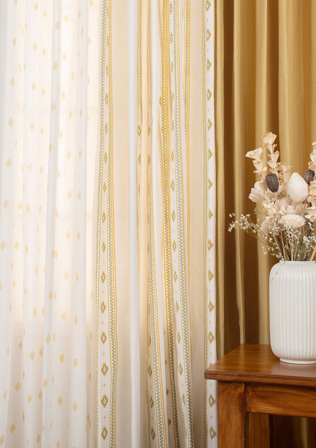 Solid Dusky Yellow Cotton, Echo Geometric Cotton and Noor Yellow Sheer - 100% Cotton Light-Reduction Curtains for Living Room & Bedroom - Pack of 6