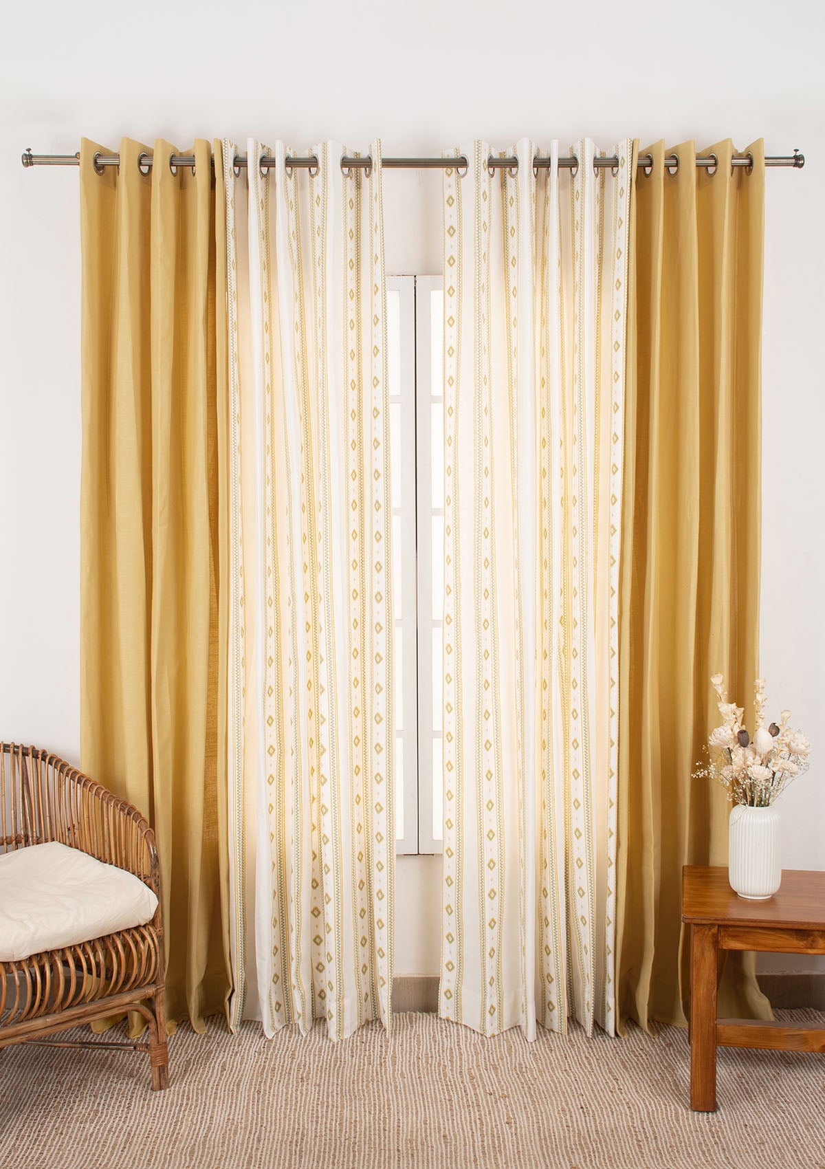 Solid Dusky Yellow Cotton and Echo Geometric Cotton 100% Cotton Light-Reduction Curtains for Living Room & Bedroom - Pack of 4